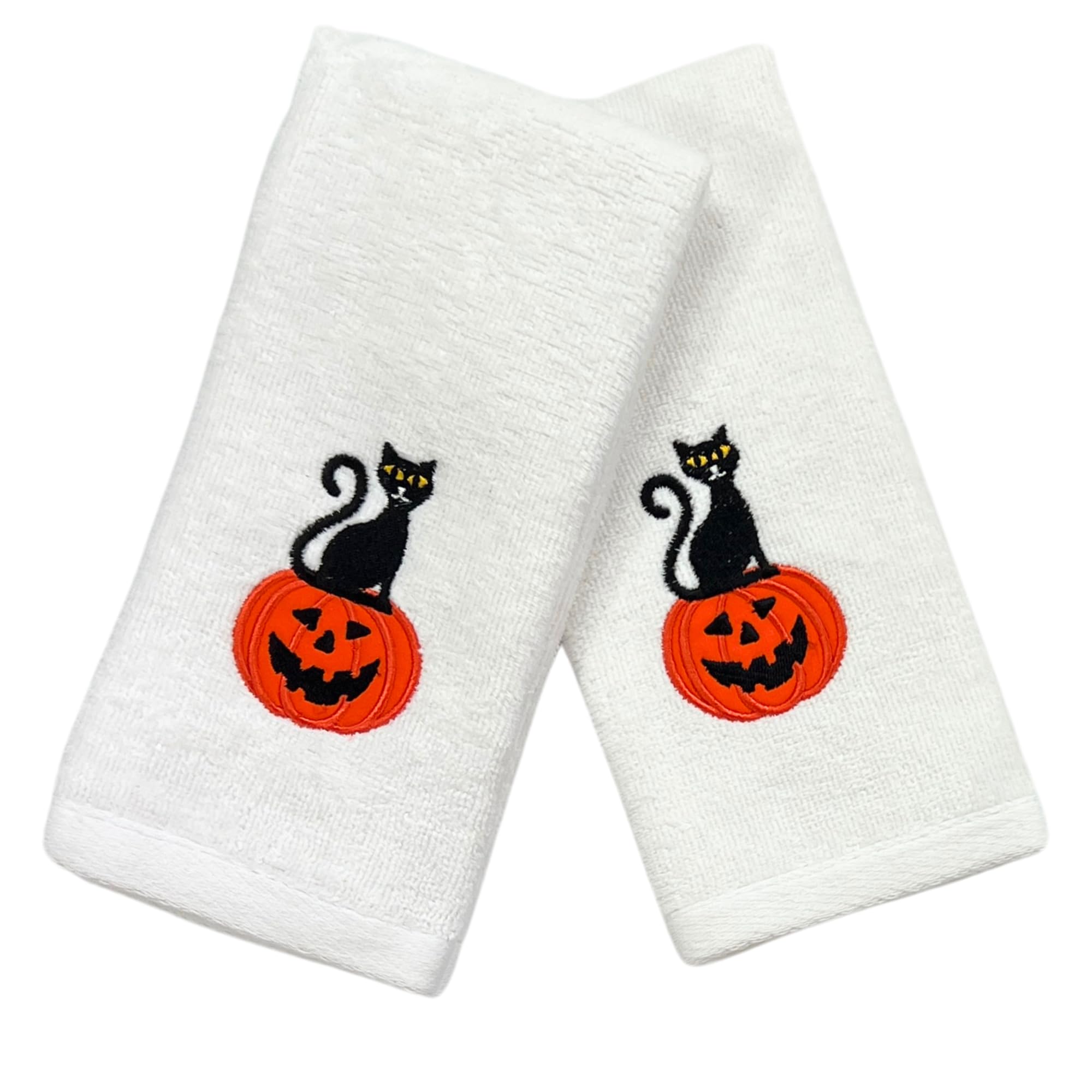 Home Decor Halloween Fingertip Towels: Plush White Embroidered Cotton Black Cat with Jack O Lantern Design, 2 Piece Set, 12 x 