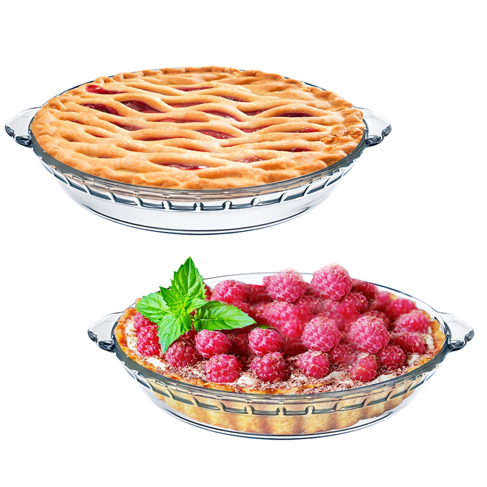 7 Glass Pie Pan for Baking with Handles Easy Grab 2PCS Round Pie Baking Dishes for Apple Pie Pumpkin Pie Salads Desserts Serving
