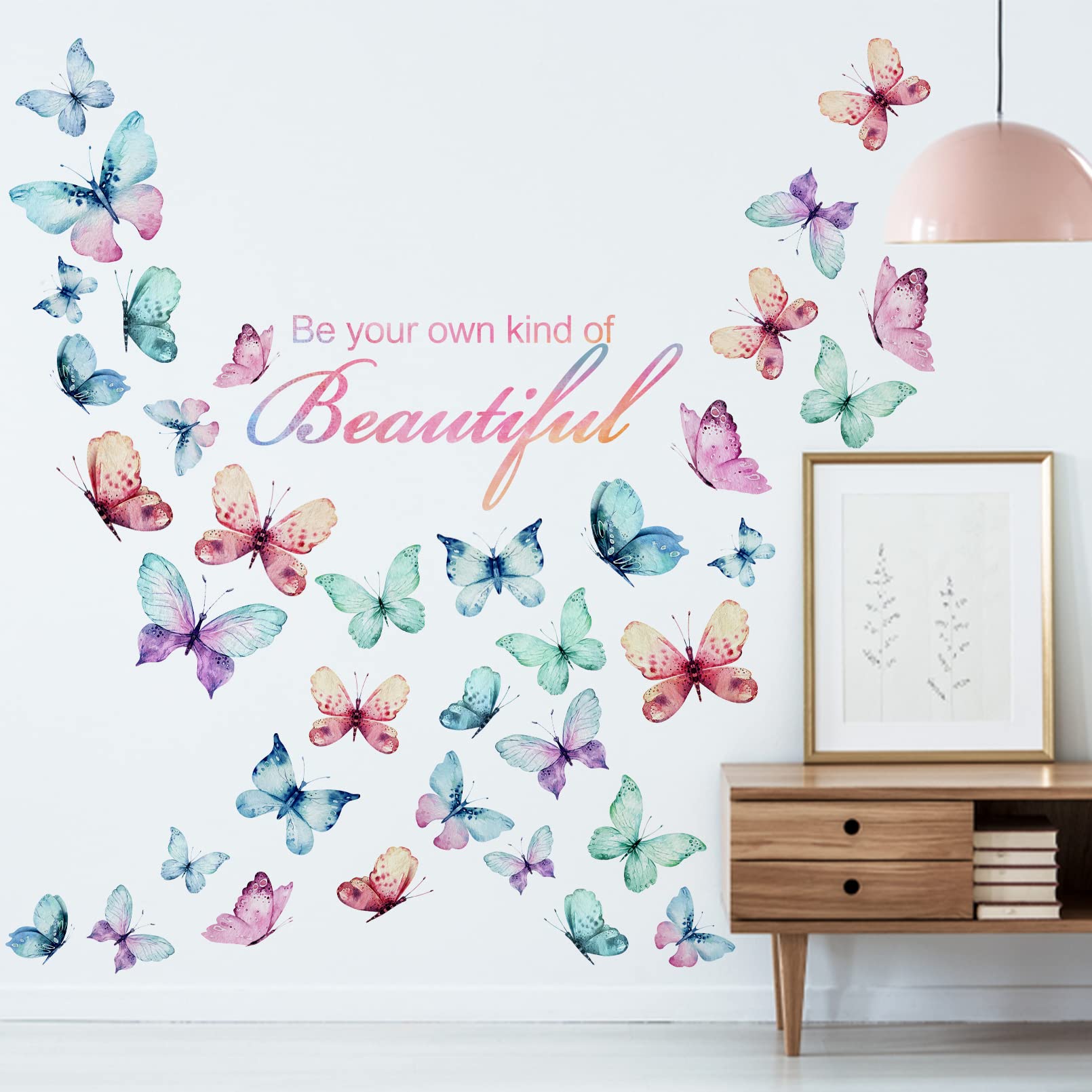 Mfault Girls Butterfly Be Your Own Kind Of Beautiful Inspirational Quote Wall Decal Sticker, Watercolor Positive Saying Decorati