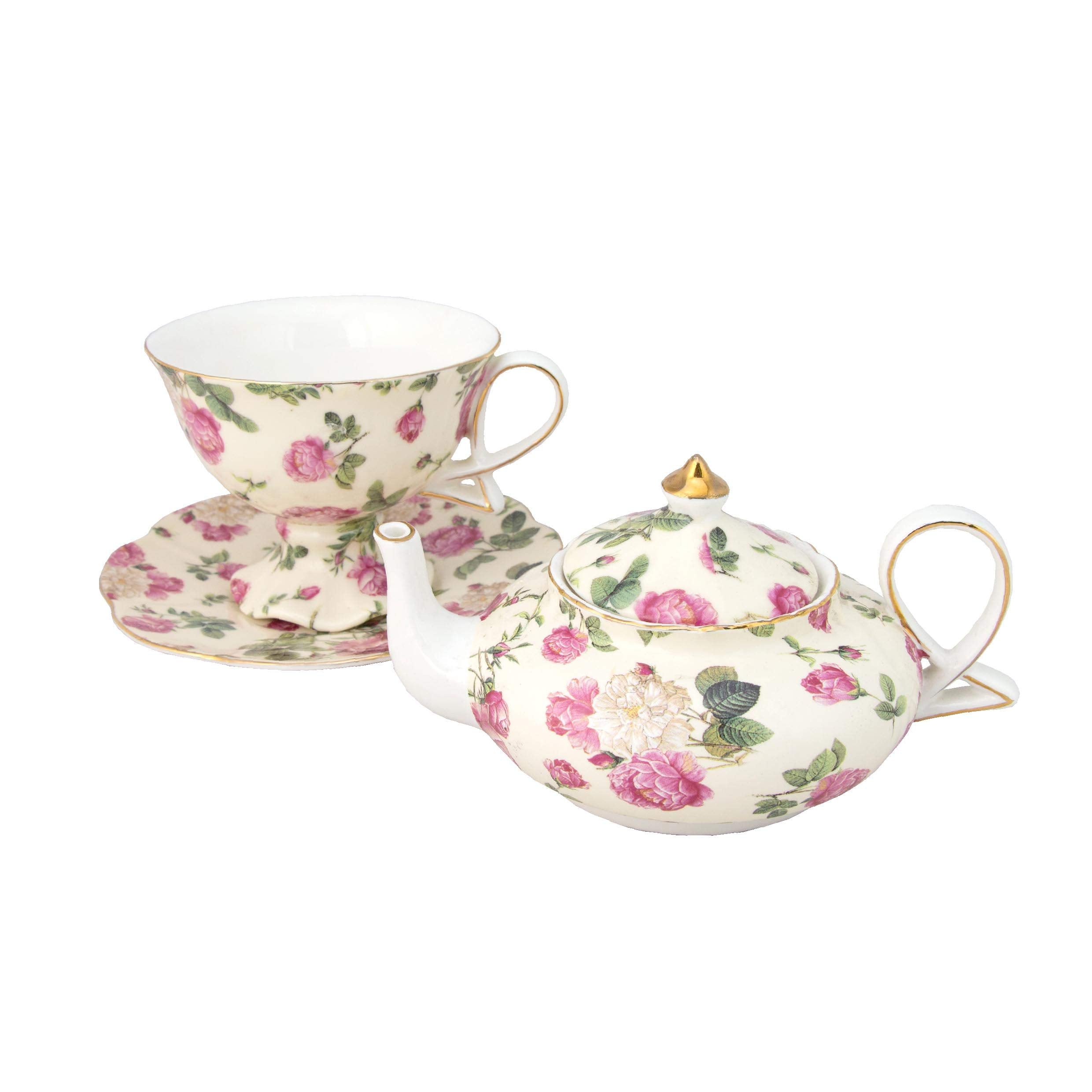 Gracie China By Coastline Imports 4-Piece Porcelain Tea For One, Stacked Teapot Cup Saucer, Pink Rose Bouquet Chintz