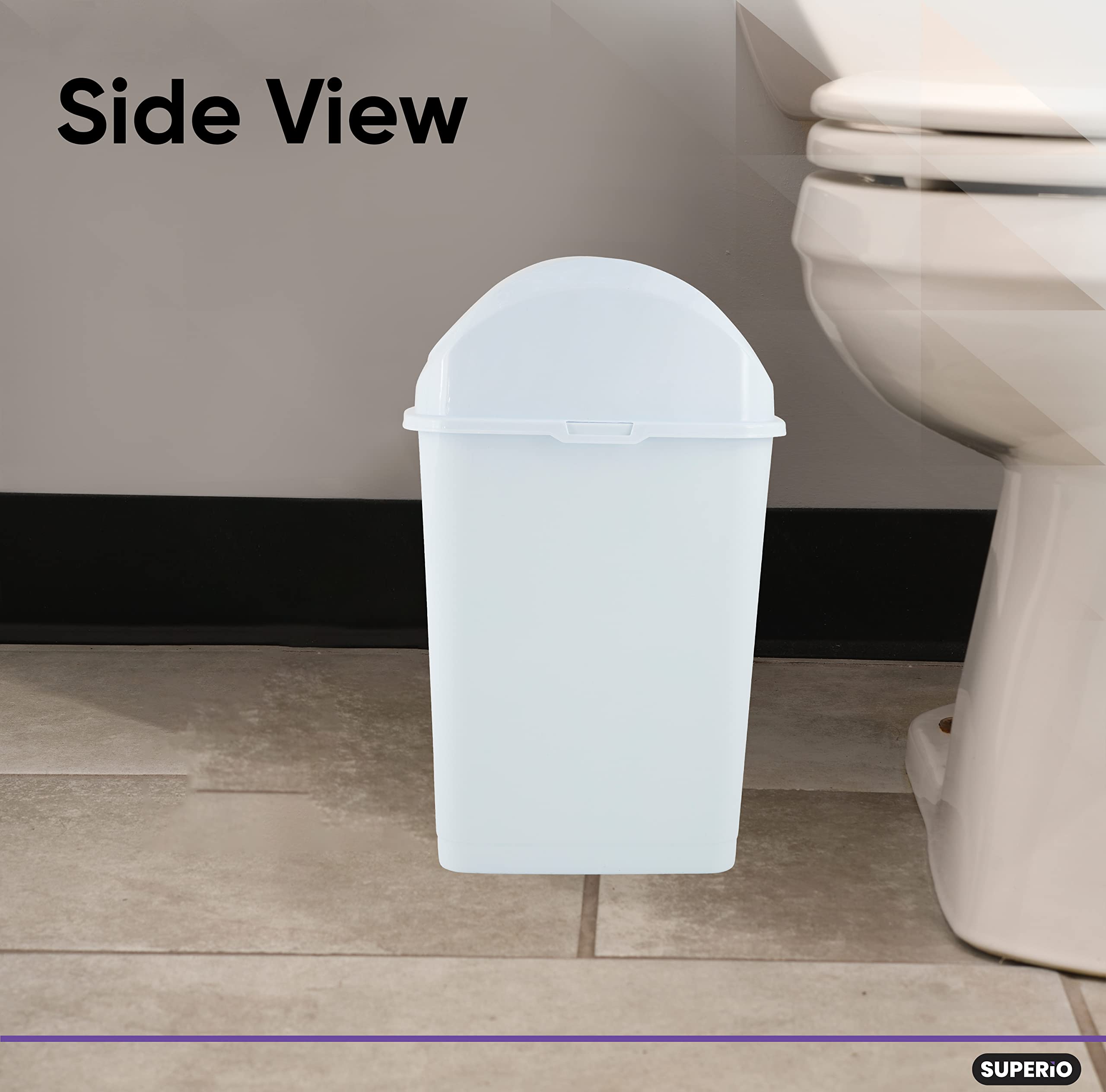 Superio Small 2.5 Gallon Plastic Trash Can with Swing Top Lid  Compact Slim Waste Bin for Under Desk  Office  Bedroom  Bathroom  Dorm Room  10 Qt. Portable Garbage Can (White)