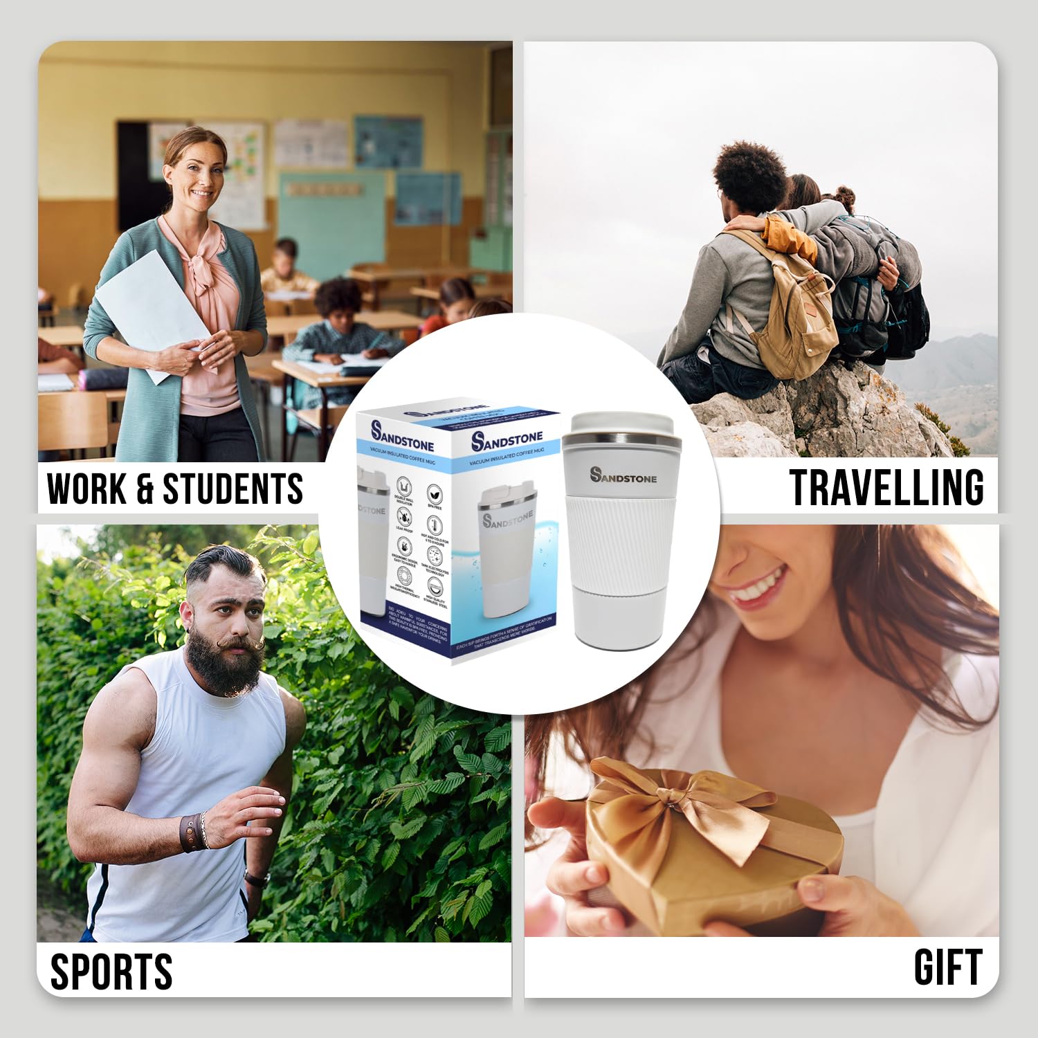 SANDSTONE Travel Vacuum Mug and Insulated Coffee Mug 500ml - Keeps Beverages Hot and Cold for 8 Hours - Stores All Kinds of Beve