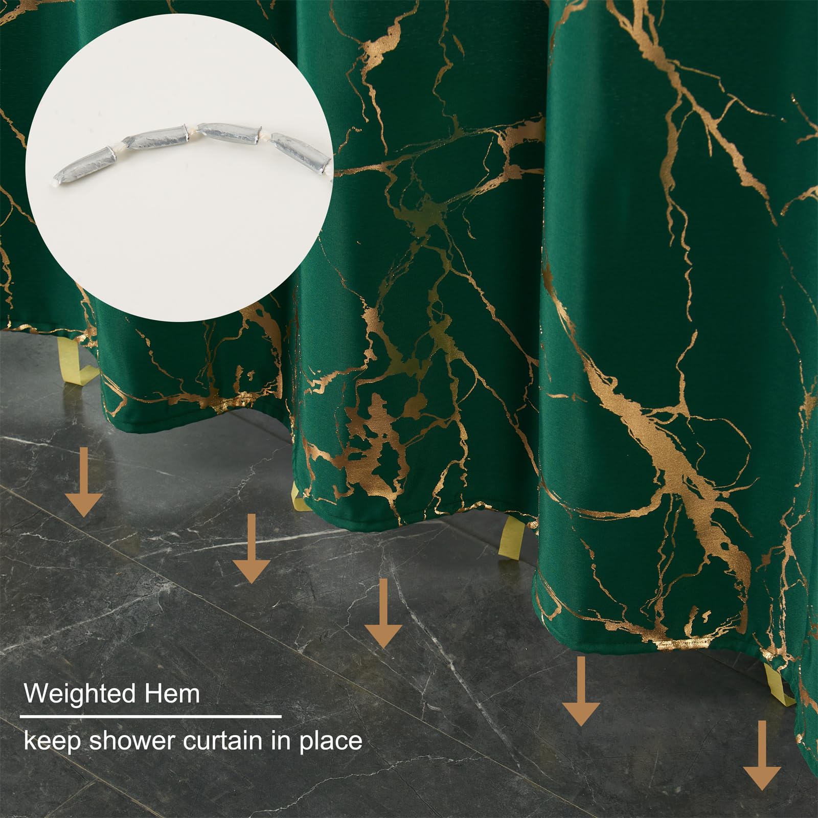 Green And Gold Shower Curtain, Marble Dark Green Shower Curtains For Bathroom With Hooks,Unique Glitter Metallic Gold Foil Print