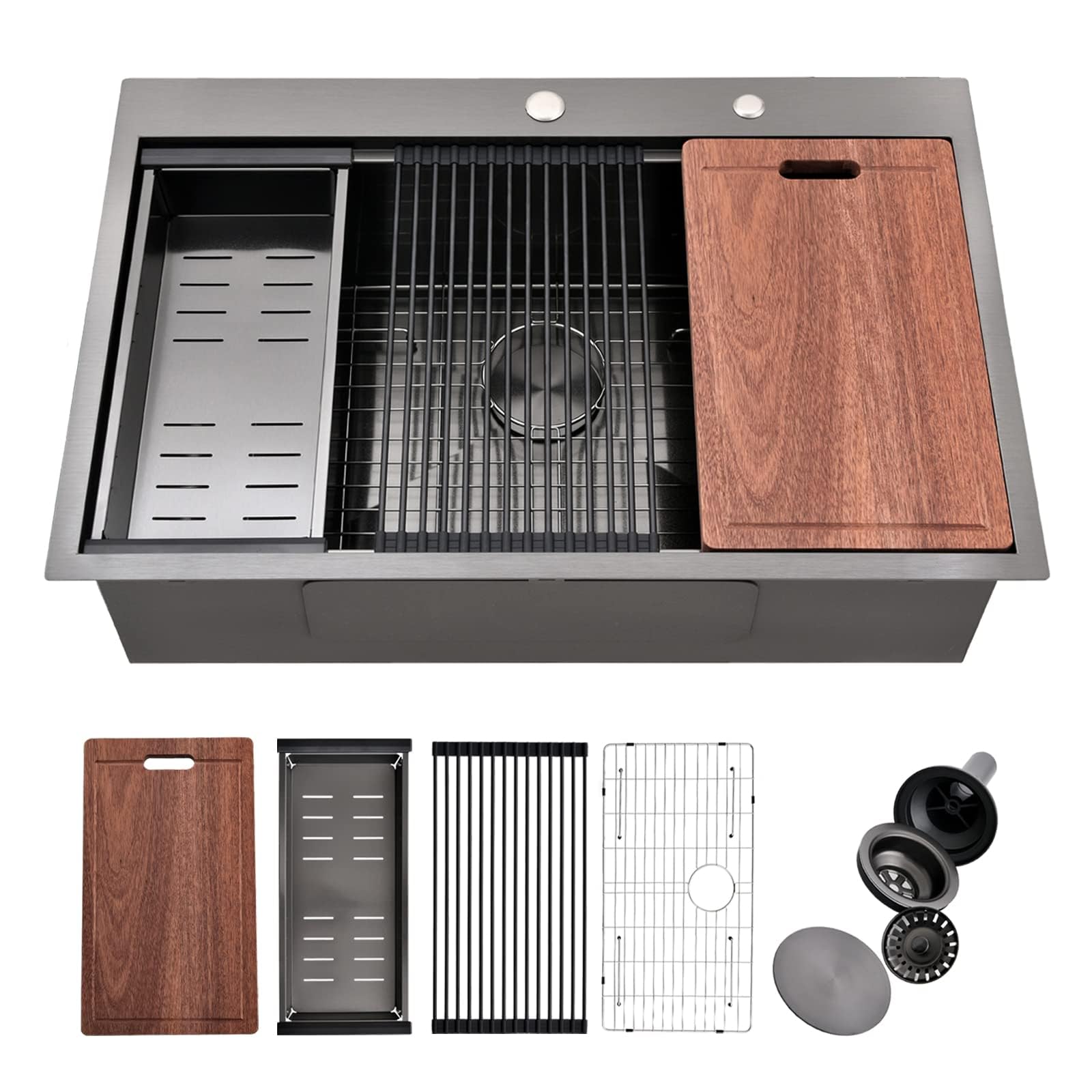 33 Black Stainless Steel Drop In Kitchen Sink, 33X22 Inch 16Gauge Drop In Black Stainless Steel Kitchen Sinks, Topmount Single B