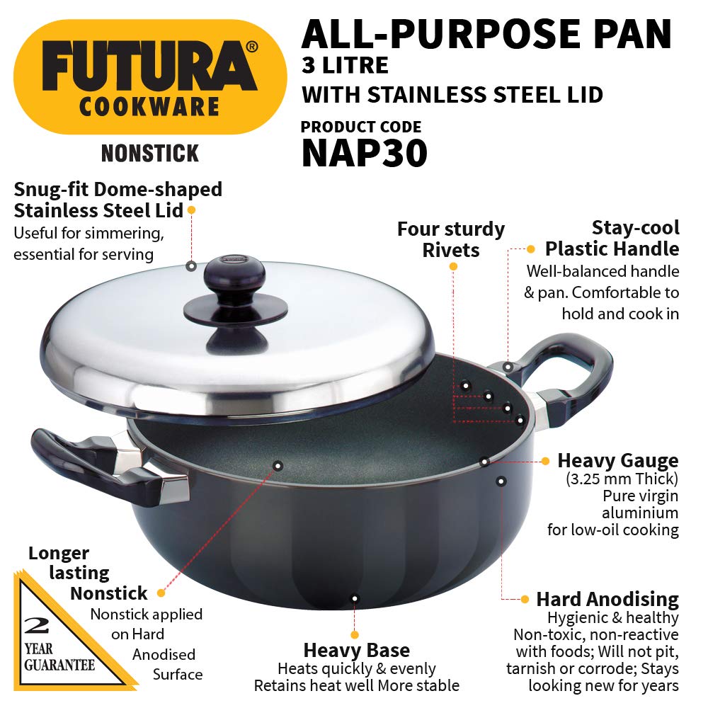 Futura Non Stick 9-Inch All Purpose Frying Pan With Stainless Steel Lid, 30-Liter