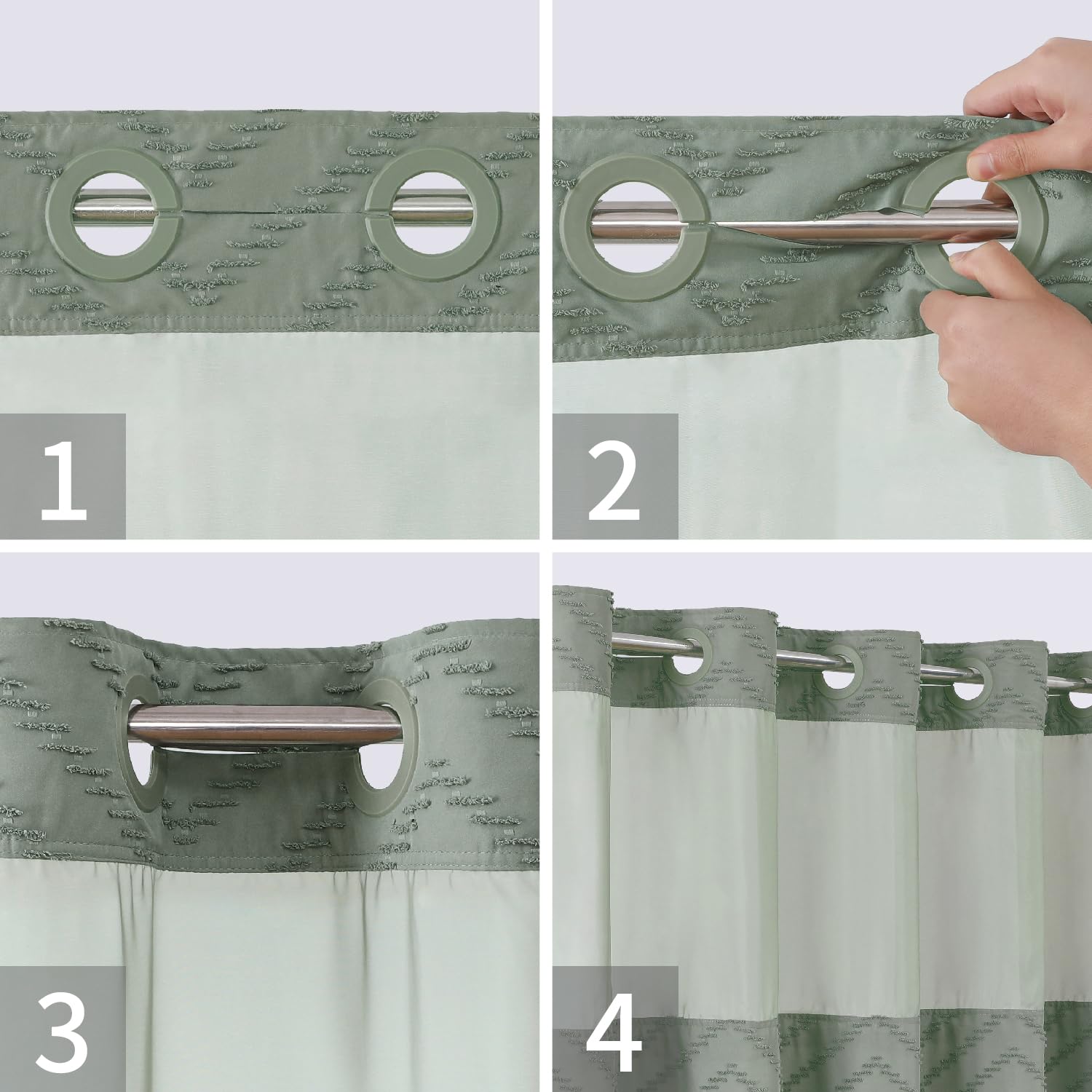 Eachope Long No Hook Tufted Chevron Striped Shower Curtain With Snap-In Fabric Liner Set-71Wx80H(78H),Sage Green Hotel Grade Boh