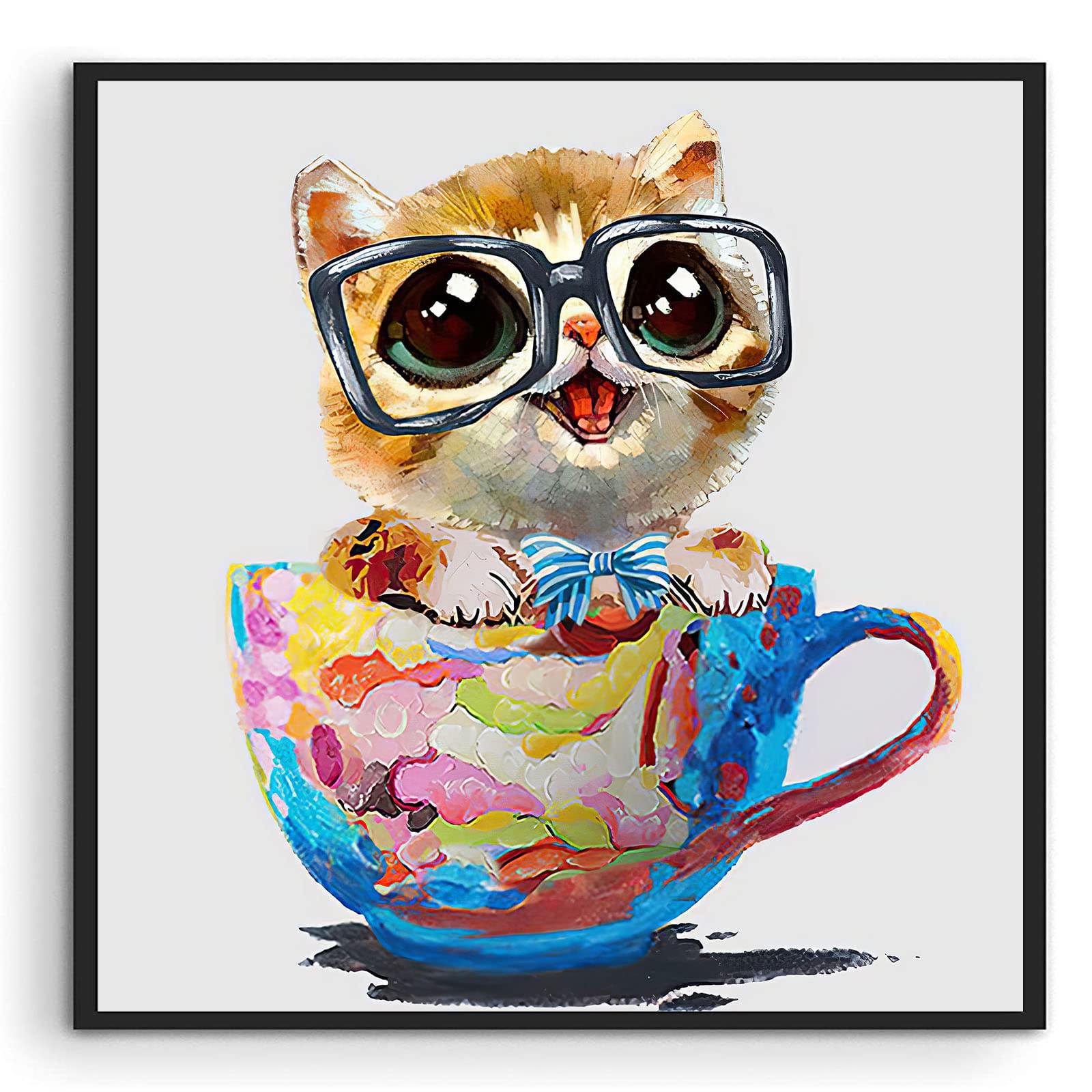 Watercolor Cat Canvas Art Cat In A Cup Canvas Painting Cat Picture Prints Cat Art Prints Cute Animal Poster Cat With Glasses Wal