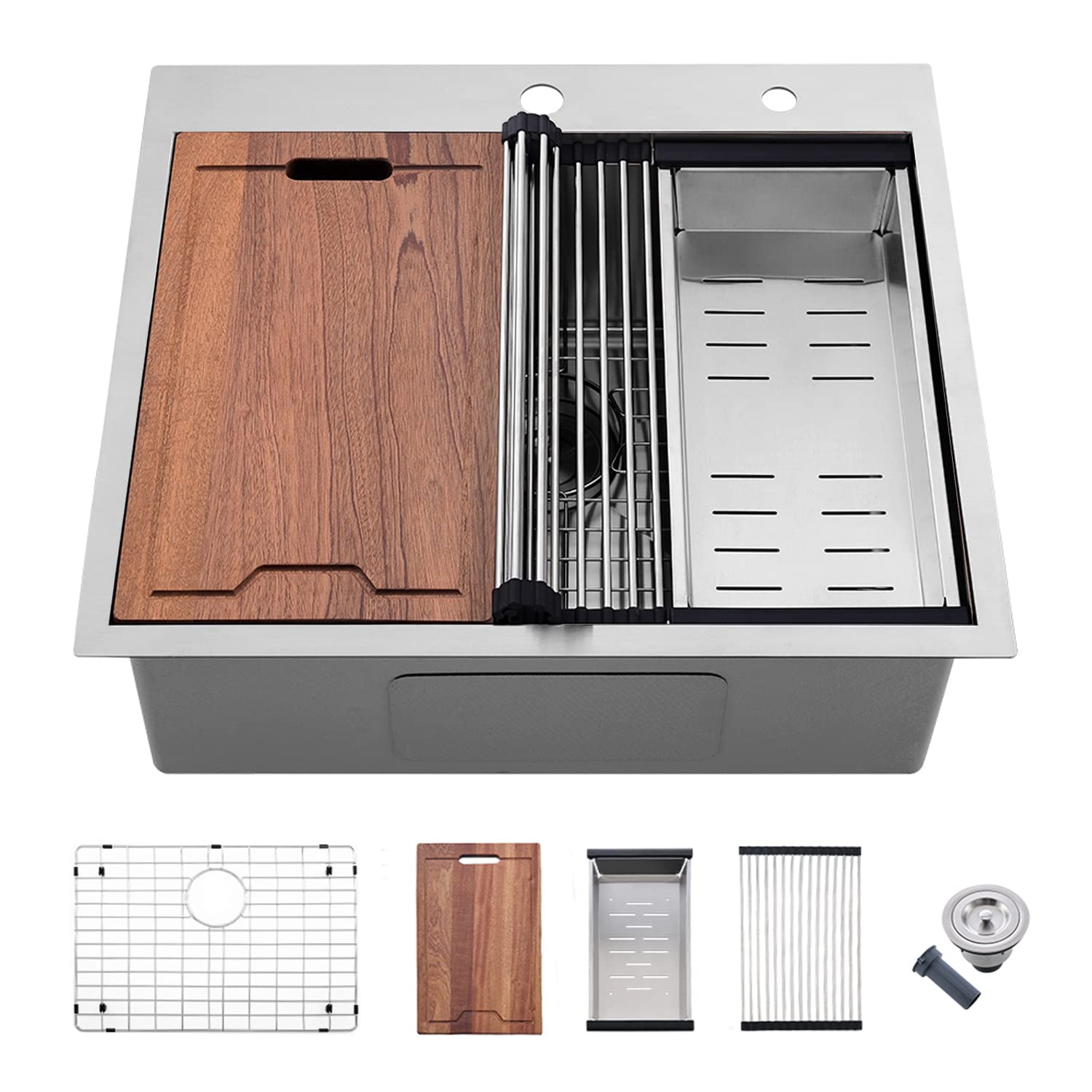 25 Inch Drop In Kitchen Sink Workstation - Vokim 25 X22 Inch Single Bowl Sink 16 Gauge Stainless Steel 10'' Deep Handmade Kitche