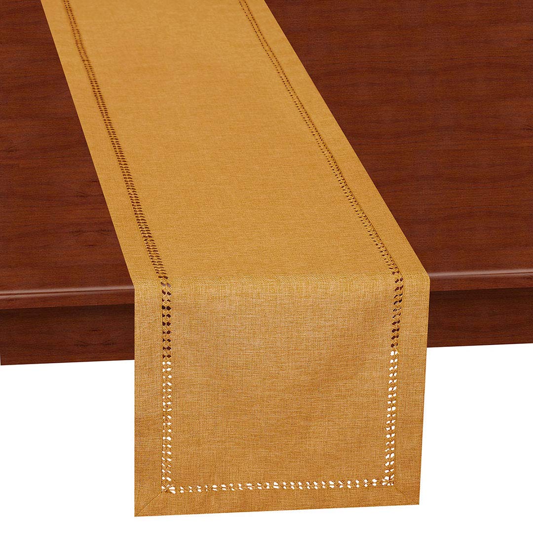 Grelucgo Handcrafted Solid Color Dining Table Runner, Dresser Scarf, Double-Hemstitched (Mustard Gold, 14 X 72)