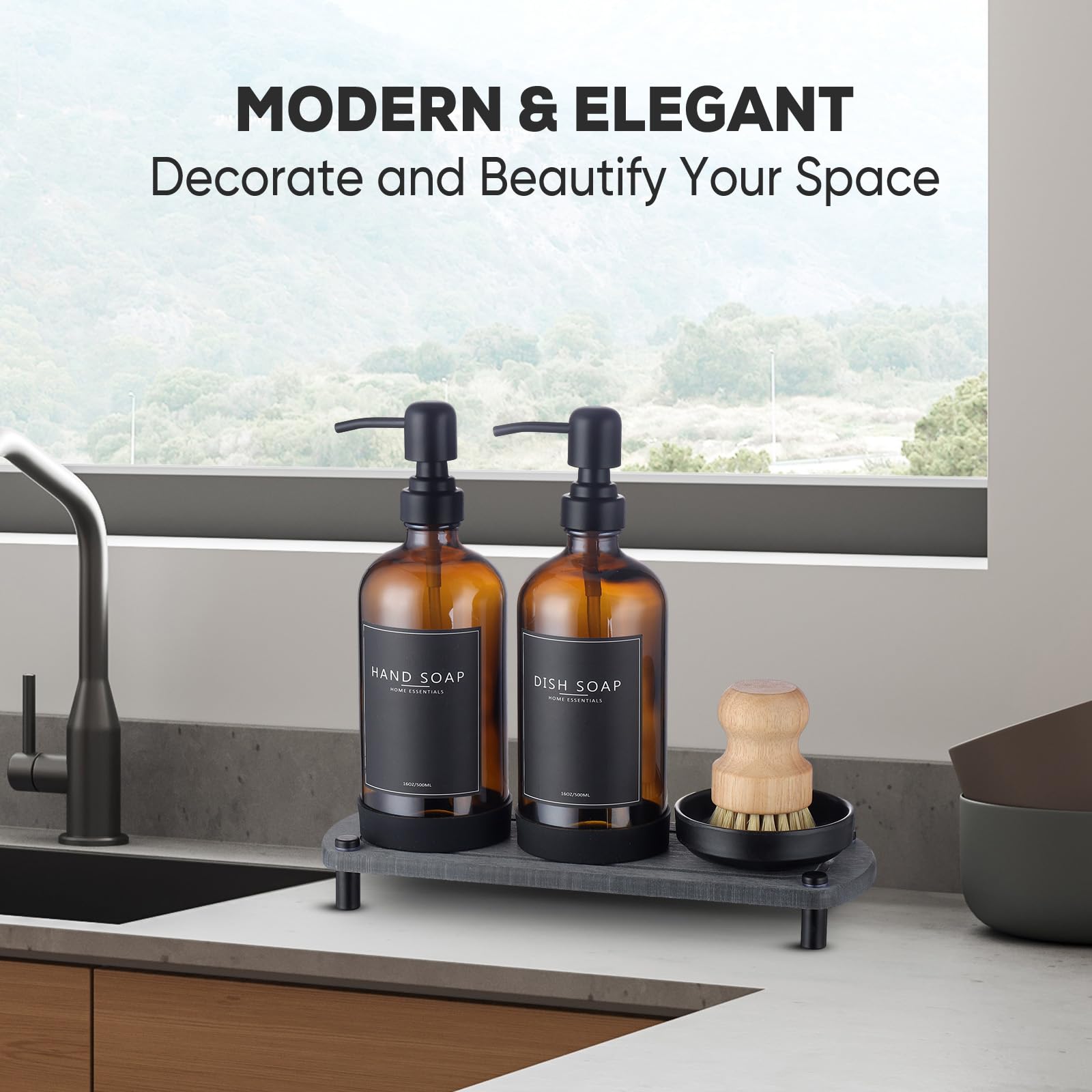 Neeczs Kitchen Soap Dispenser Set With Instant Dry Tray,16 Oz Hand And Dish Soap Amber Glass Dispenser Set,Stainless Steel Pump,