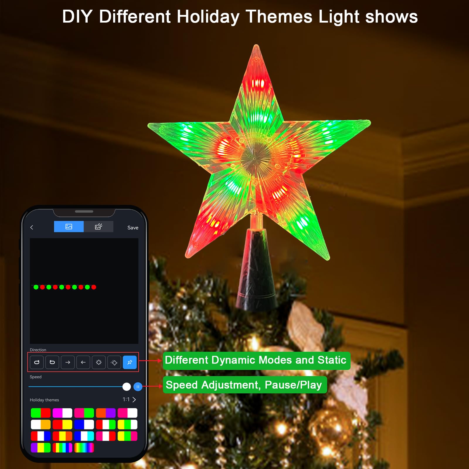 7.6 Christmas Tree Topper Star, RGB LED Lighted Star Tree Top w/Remote Control&APP, Scene Mode, DIY, Dimmable, Timer, Multicolou
