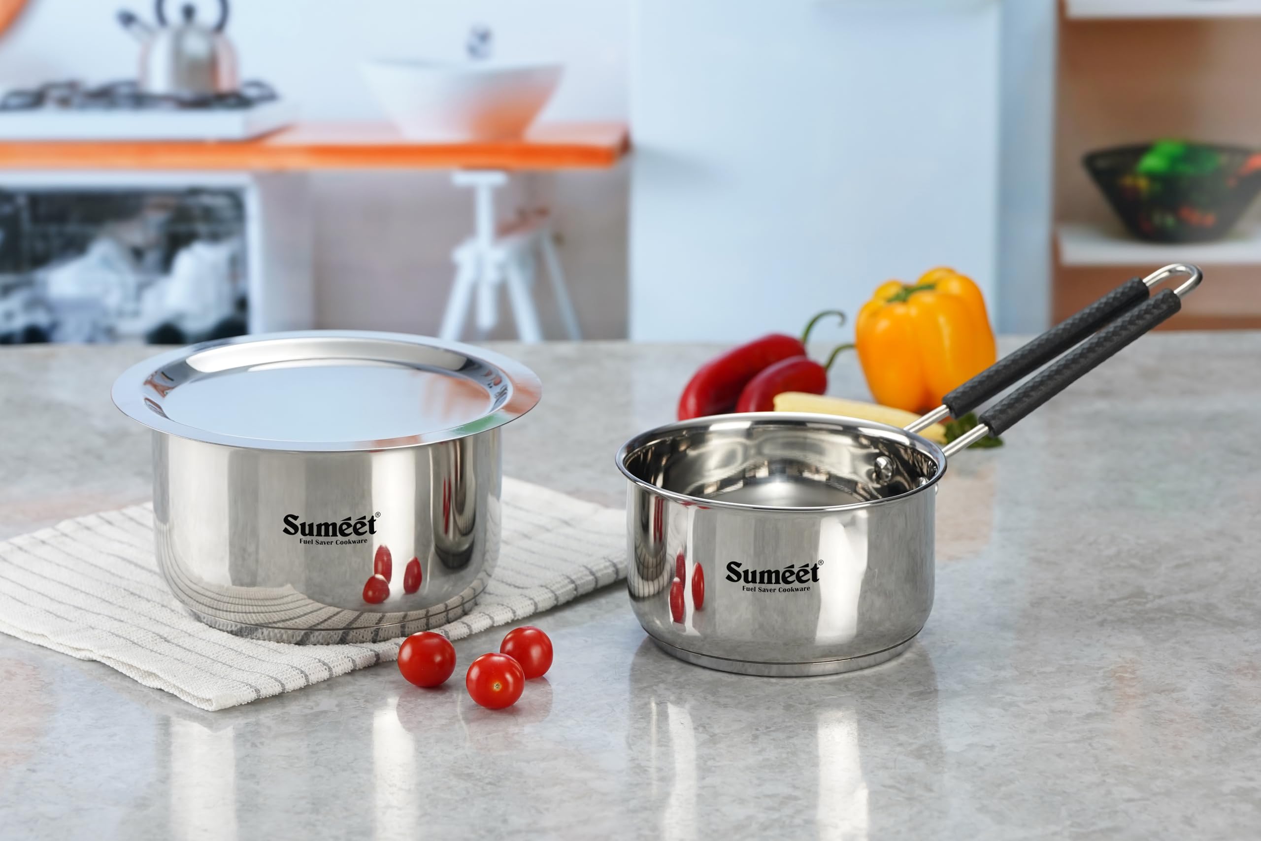 Sumeet Stainless Steel Induction Bottom Gas Stove & Induction Friendly 3Pc Cookware Set, Kadai - 1500Ml / 20Cm, Saucepan 1250Ml 