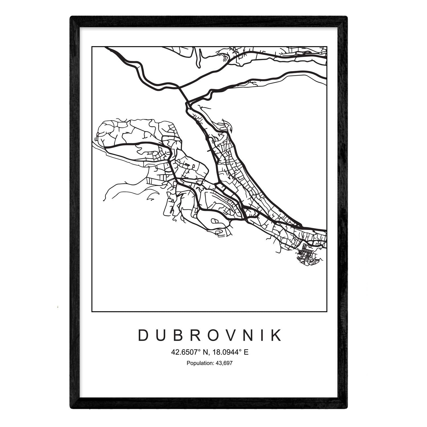 Nacnic Print City Map Dubrovnik Scandinavian Style In Black And White. Poster 11'X17' Size Printed Paper Unframed 250 Gr. Painti