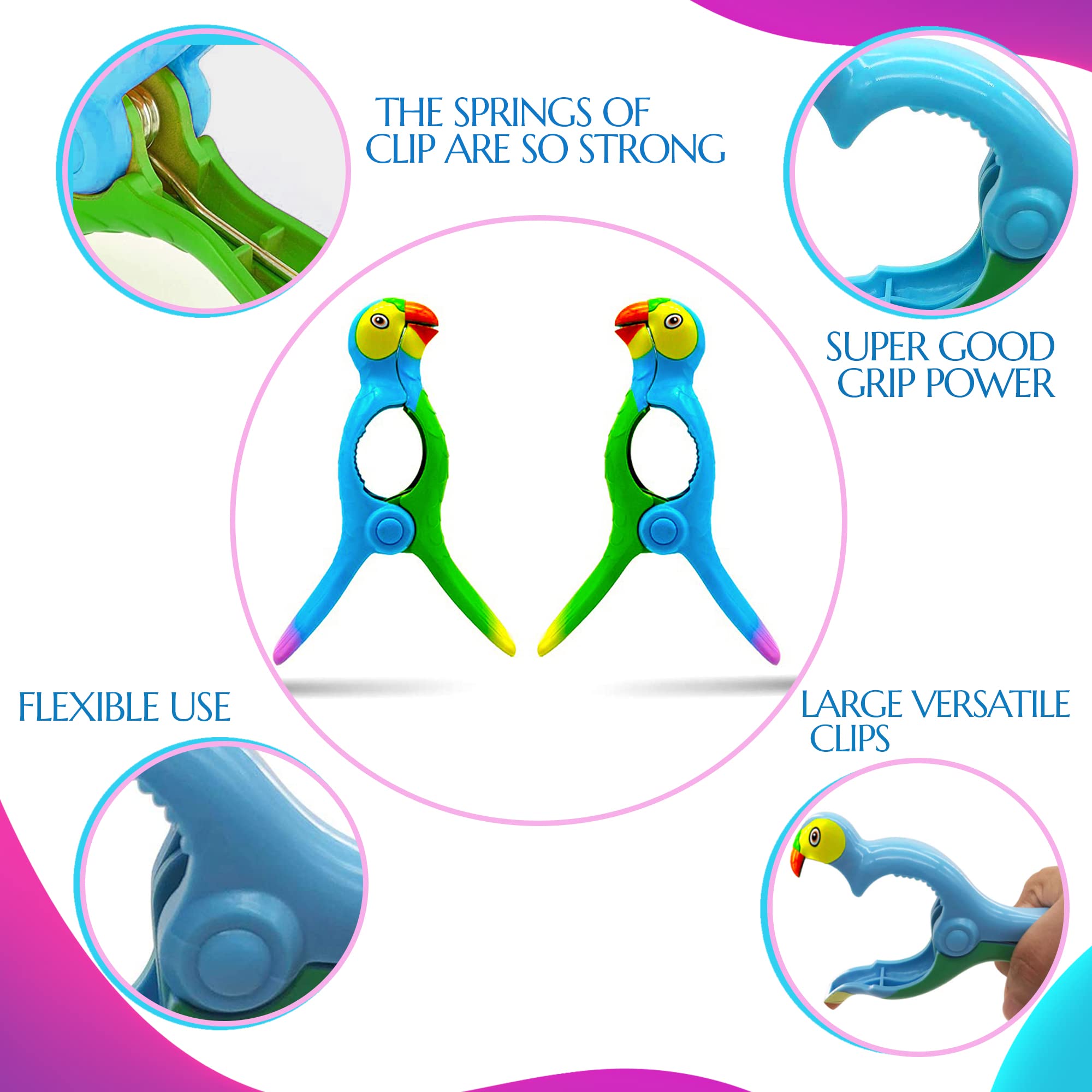 Performore 2 Pack Of Parrot Beach Towel Clips, Portable Towel Holder Clips, Secure Clips For Beach Chairs Deck Patio Pool Boat C