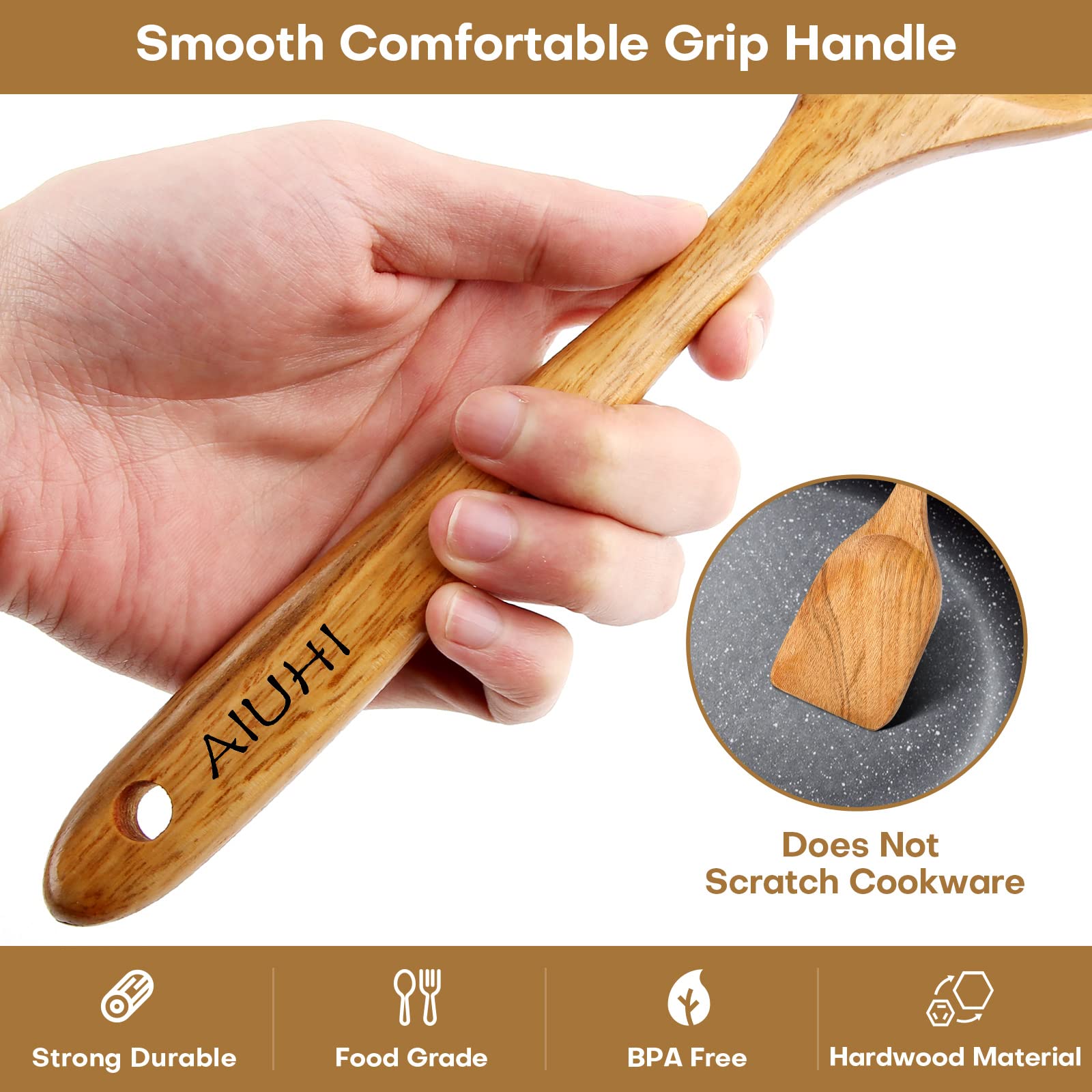 Wood Spoons For Cooking,Nonstick Kitchen Utensil Set,Wooden Spoons Cooking Utensil Set Non Scratch Natural Teak Wooden Utensils