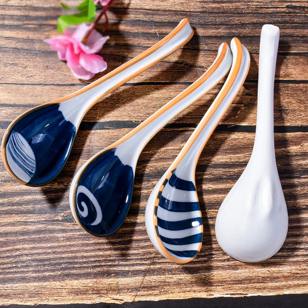 Asian Ceramic Soup Spoons Japanese Soup Spoon Set Of 4 Porcelain Long Handle Japanese Ramen Soopn For Pho Ramen Noodles Wonton D