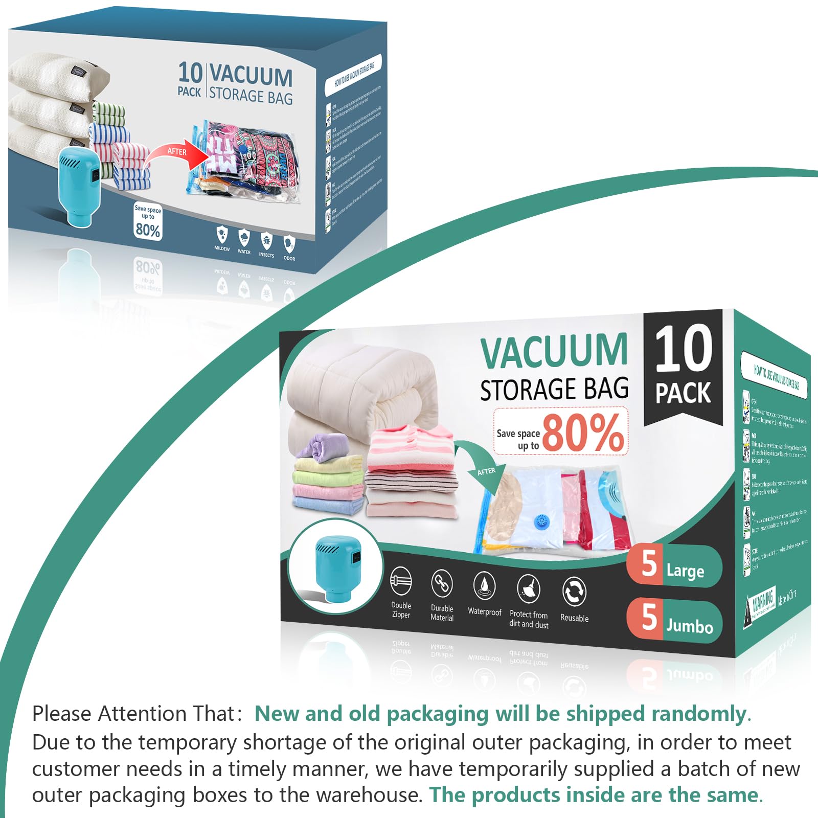 Hotbag Large Vacuum Storage Bags With Electric Pump 10 Pack (5 Jumbo/5 Large) Vacuum Seal Bags For Clothing Compression Space Sa