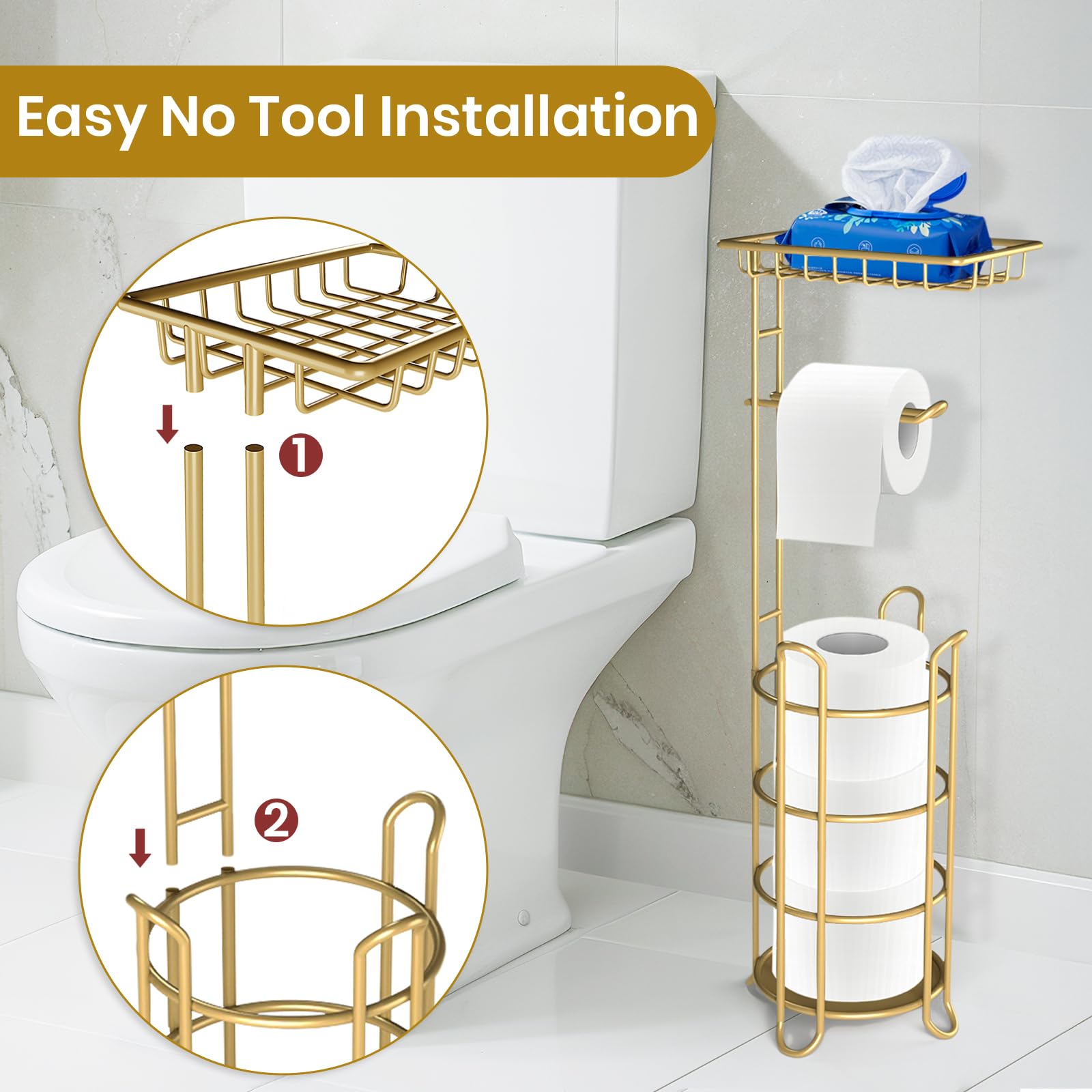 Gold Toilet Paper Holder Stand With Shelf, Freestanding Tissue Roll Holder, Holds 4 Mega Rolls And Extra Storage For Phone, Wipe