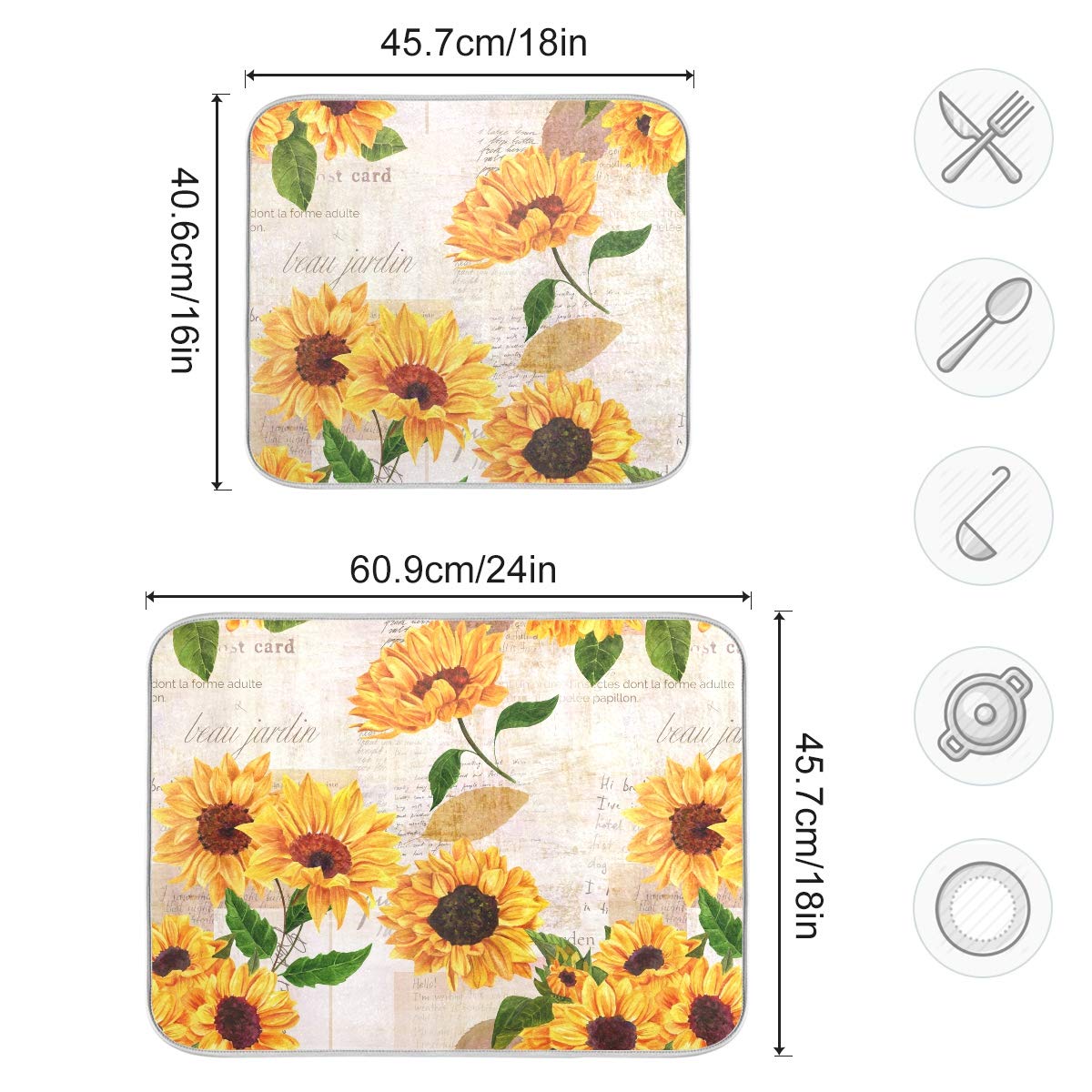 Qilmy Sunflowers Dish Drying Mat Water Absorption Tableware Drying Mat For Kitchen Countertop Home Decoration, 16 X 18 Inch Non