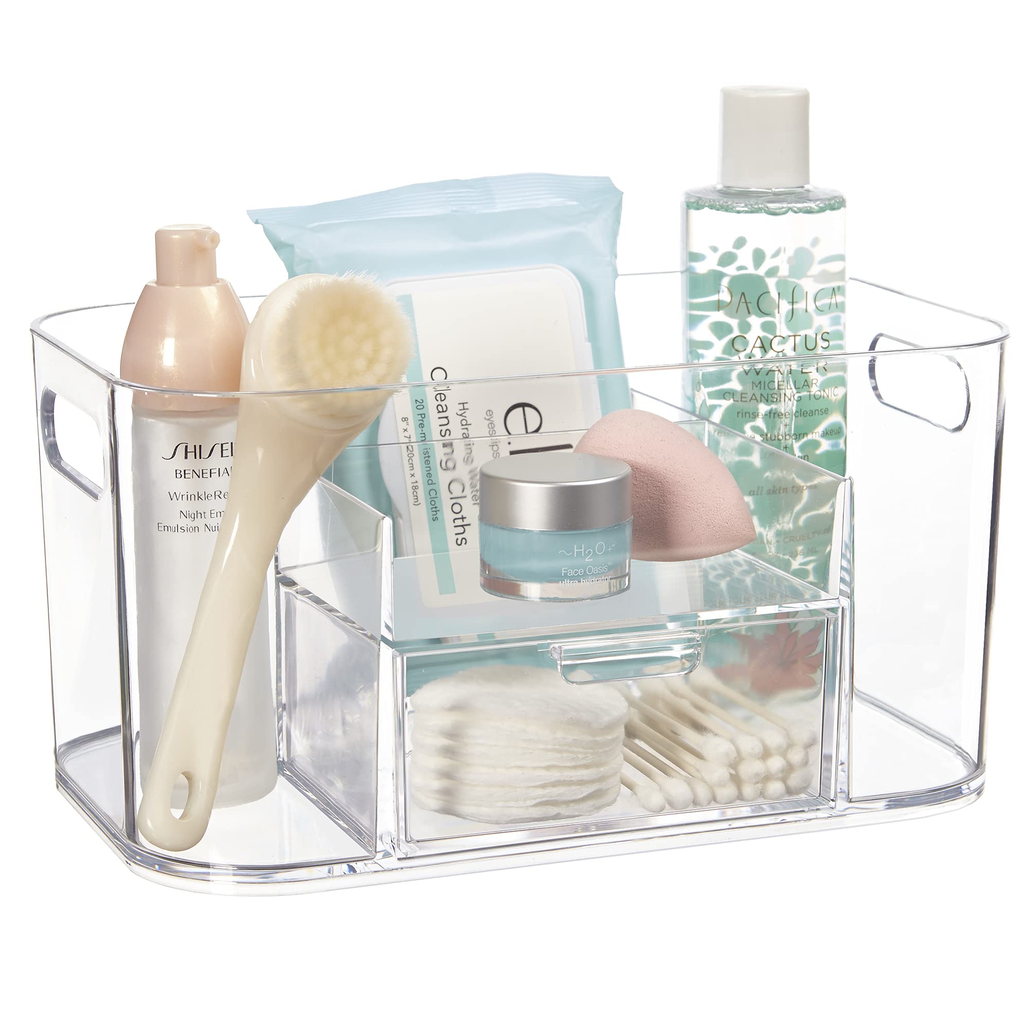Stori Bliss 4-Compartment Plastic Vanity Organizer With Small Accessory Drawer In Clear | Rectangular Makeup, Skincare, & Cosmet