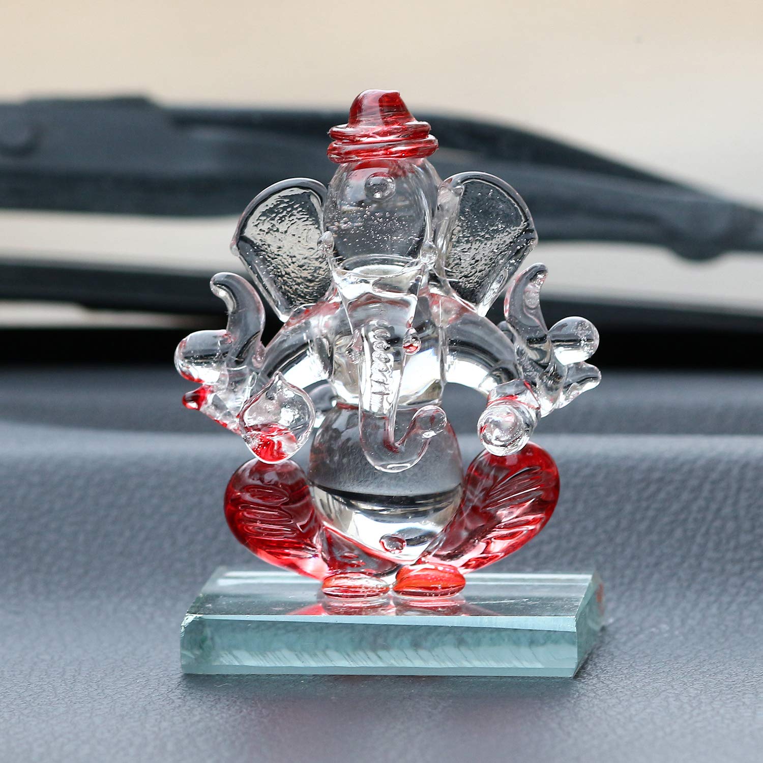 Ecraftindia Red And Transparent Double Sided Crystal Car Ganesha Showpiece
