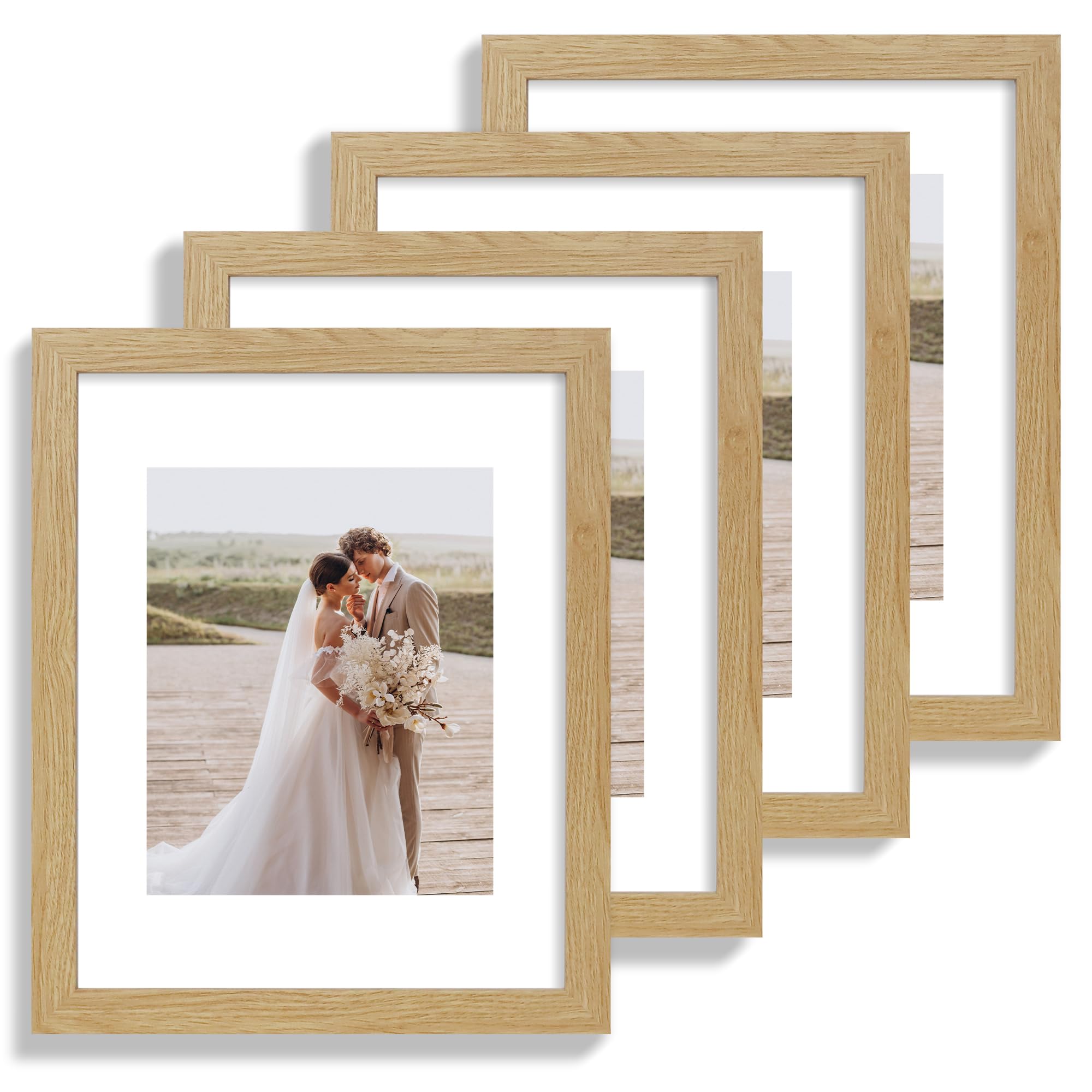 Hongkee 11x14 Picture Frame Set of 4, Made of Natural Oak Wooden Frame, Display 8x10 Pictures with Mat or 11 x 14 Posters withou