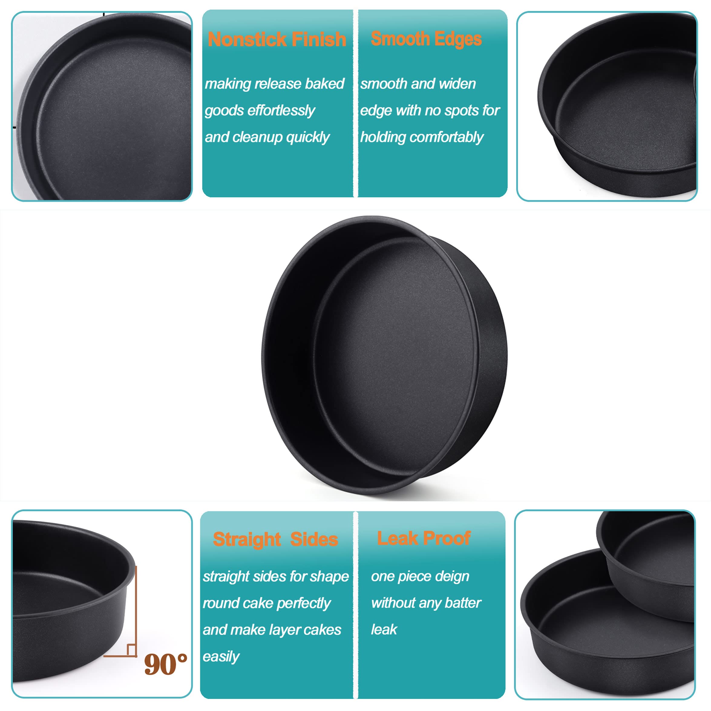 Lianyu 8 X 2 Inch Round Stainless Steel Cake Pan Set Of 3, Black, Nonstick, Dishwasher Safe