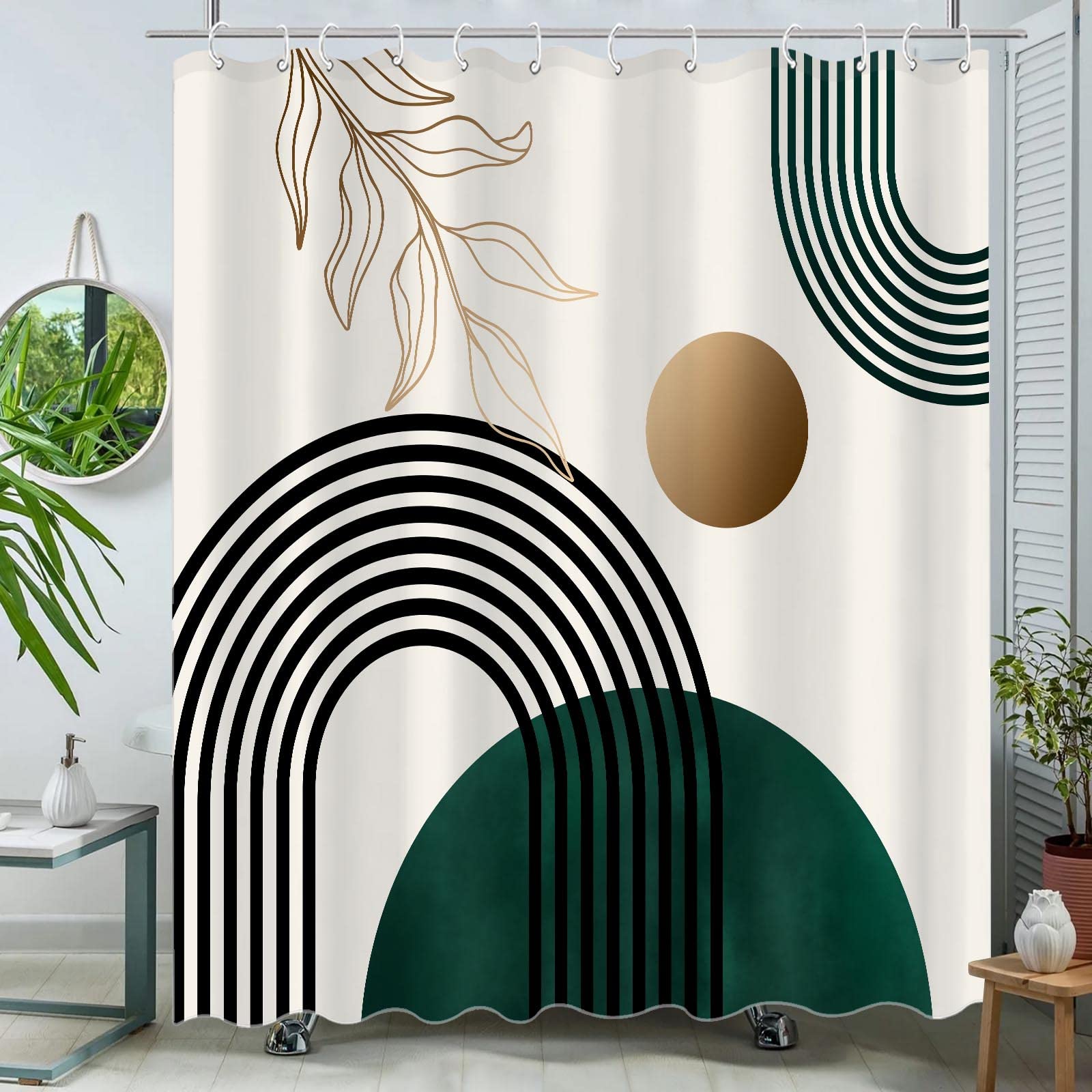 Aipon Green Mid Century Shower Curtain For Bathroom Abstract Boho Shower Curtain Modern Fabric Waterproof Shower Curtains For Ba