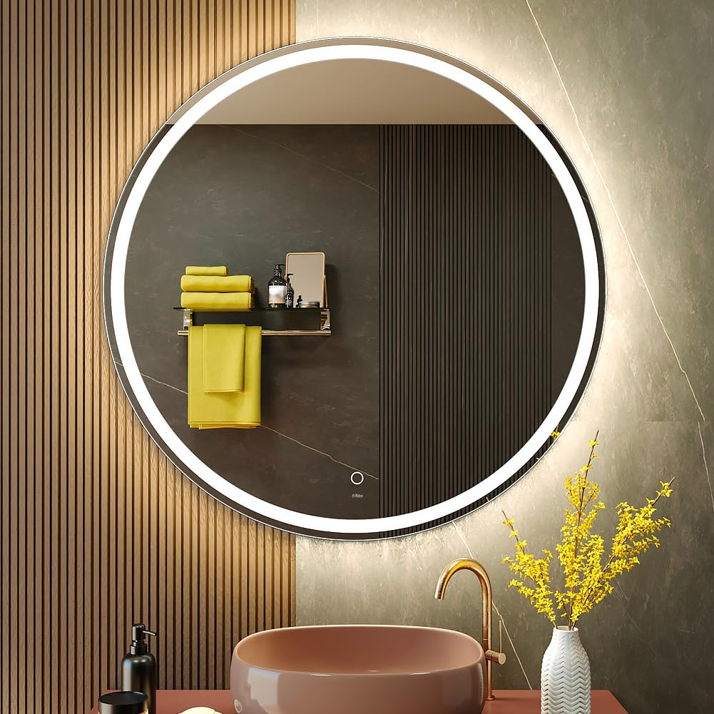 KWW 40 Inch Large Modern LED Round Bathroom Vanity Mirror  Color Temperature Adjustable  Anti-Fog Dimmable Lights  Easy to Install  Wall Mounted Makeup Mirror with Smart Touch Button