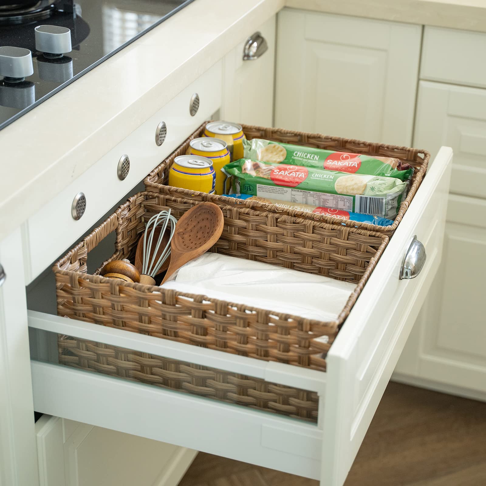 Rosos Wicker Baskets 2 Pack, Wicker Storage Basket With Handles, Large Wicker Baskets For Storage, Waterproof Wicker Baskets For