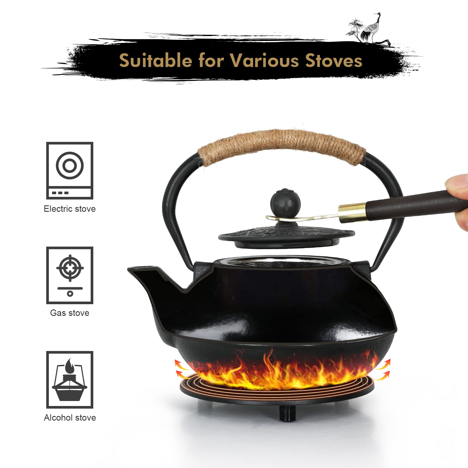 RekRang Cast Iron Teapot Set, 800ml Japanese Tetsubin Kettle with 4 Cups, Pine Crane Design, Removable Infuser and Trivet