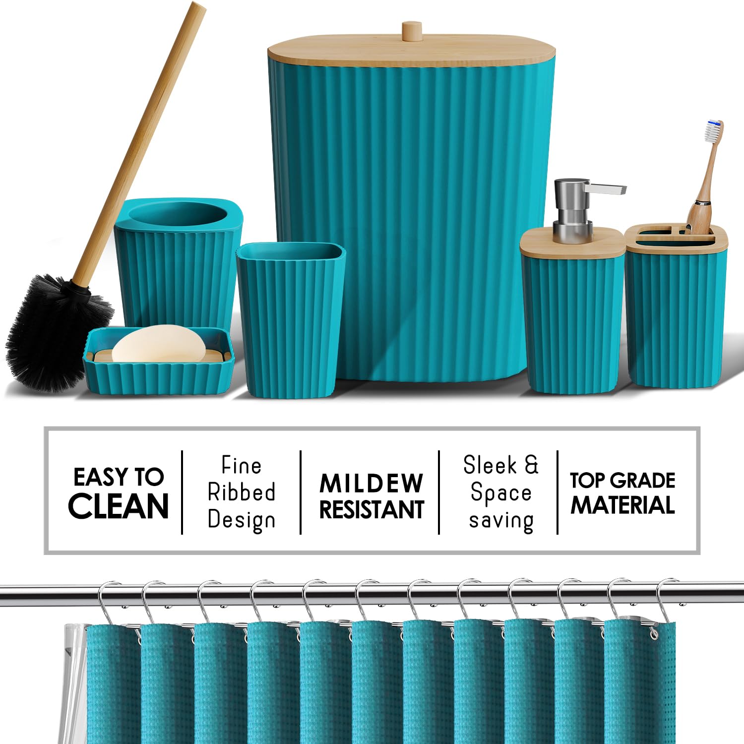 Clara Clark Bathroom Accessories Set - Teal Bathroom Set, 20Pc Bathroom Accessory Set, Shower Curtain Set, Toilet Brush, Trash C