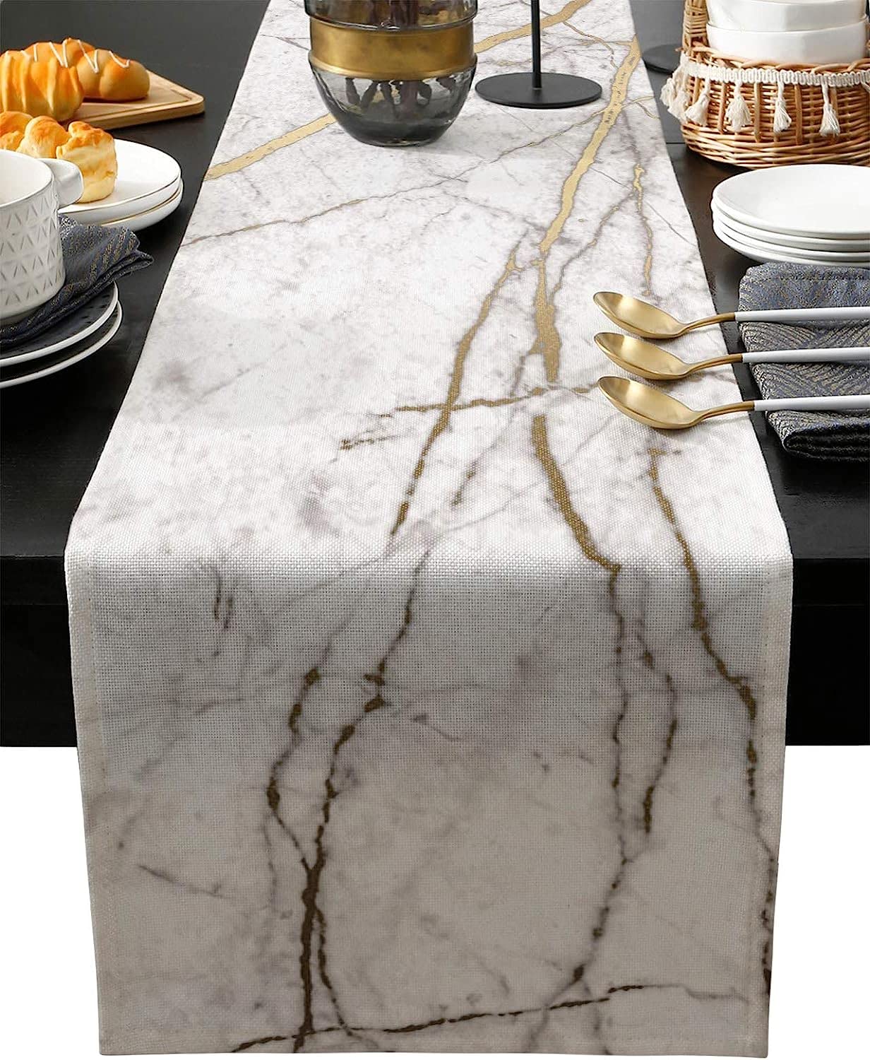Marble Table Runner-Cotton Linen-Small 36 Inches White Gray Gold Dresser Scarves,Texture Tablerunner For Kitchen Coffee/Dining/S