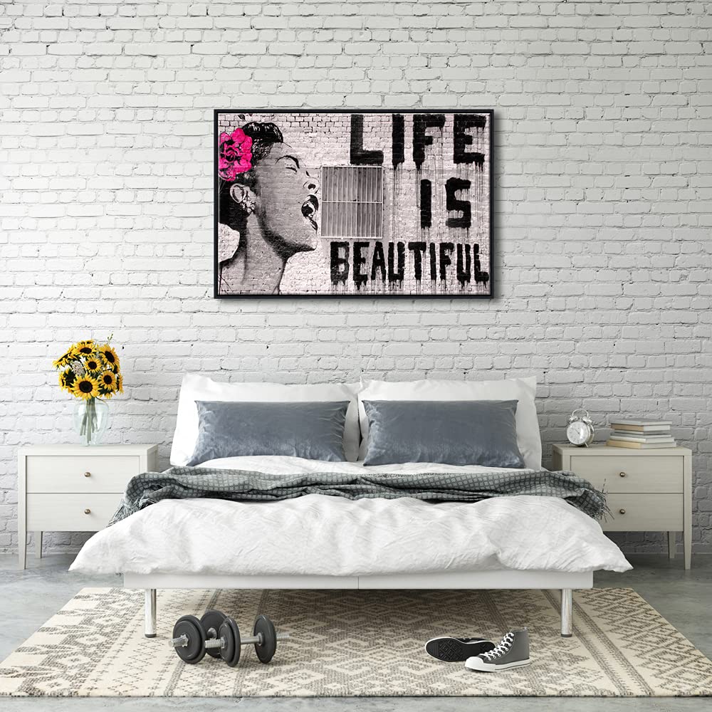 Pyradecor Black Framed Large Banksy Life Is Beautiful Artwork Modern Grey Love Pictures Paintings Canvas Wall Art For Bedroom Li