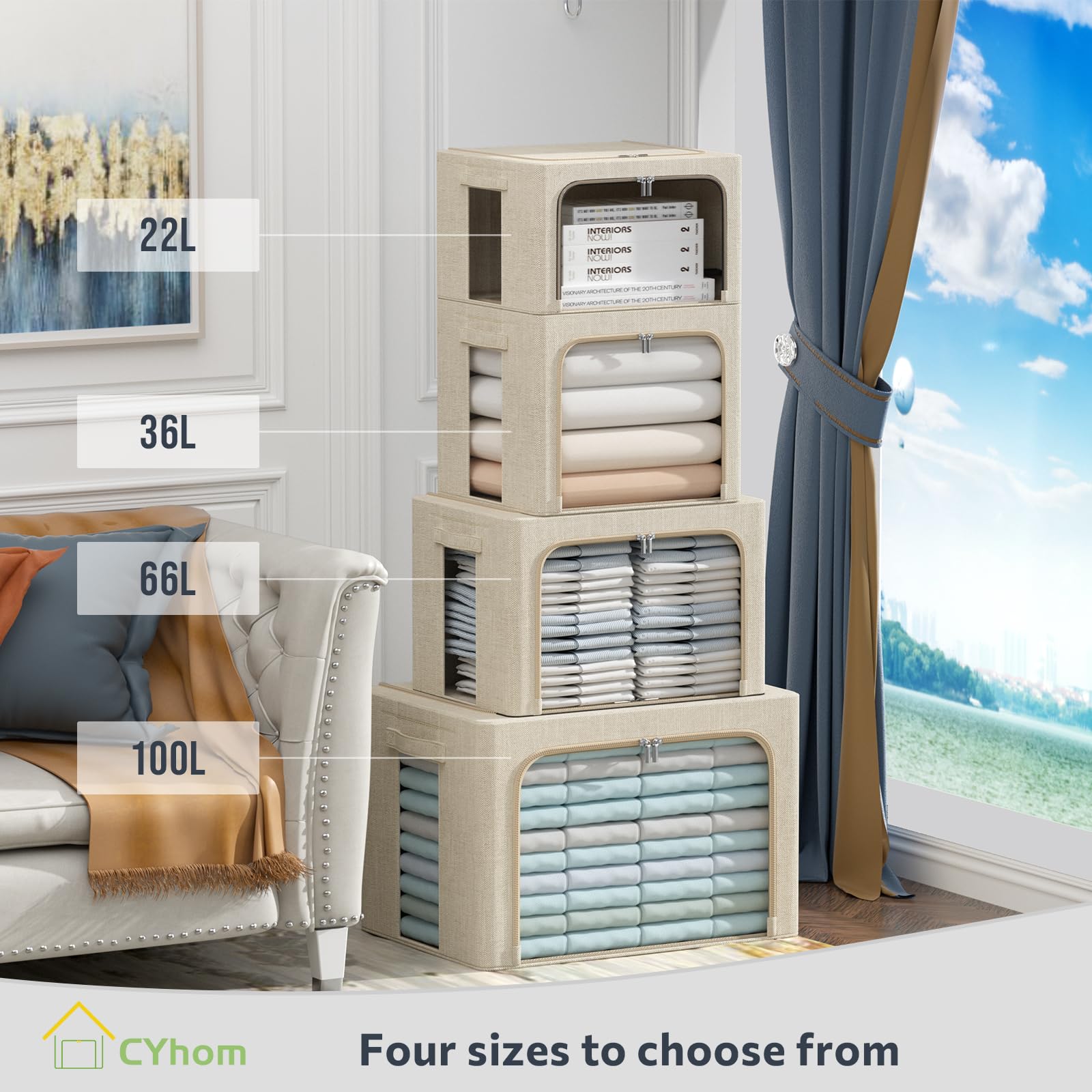 Extra Large Clothes Storage Bins - Linen Fabric Foldable Stackable Container Organizer Set with Clear Window & Carry Handles & M