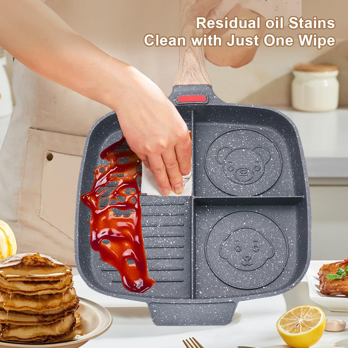 Bobikuke Nonstick Grill Pan For Stove Tops, 10.5 Inch Sectional Skillet, Divided Pan For Breakfast, Square Grill Skillet With Si