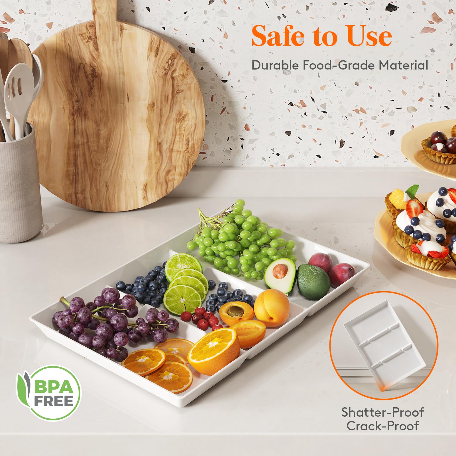 Lifewit Serving Tray Divided For Party Supplies, 4 Pcs 15'' X 10'' Plastic Platters For Serving Food, White Reusable Tray For Ve