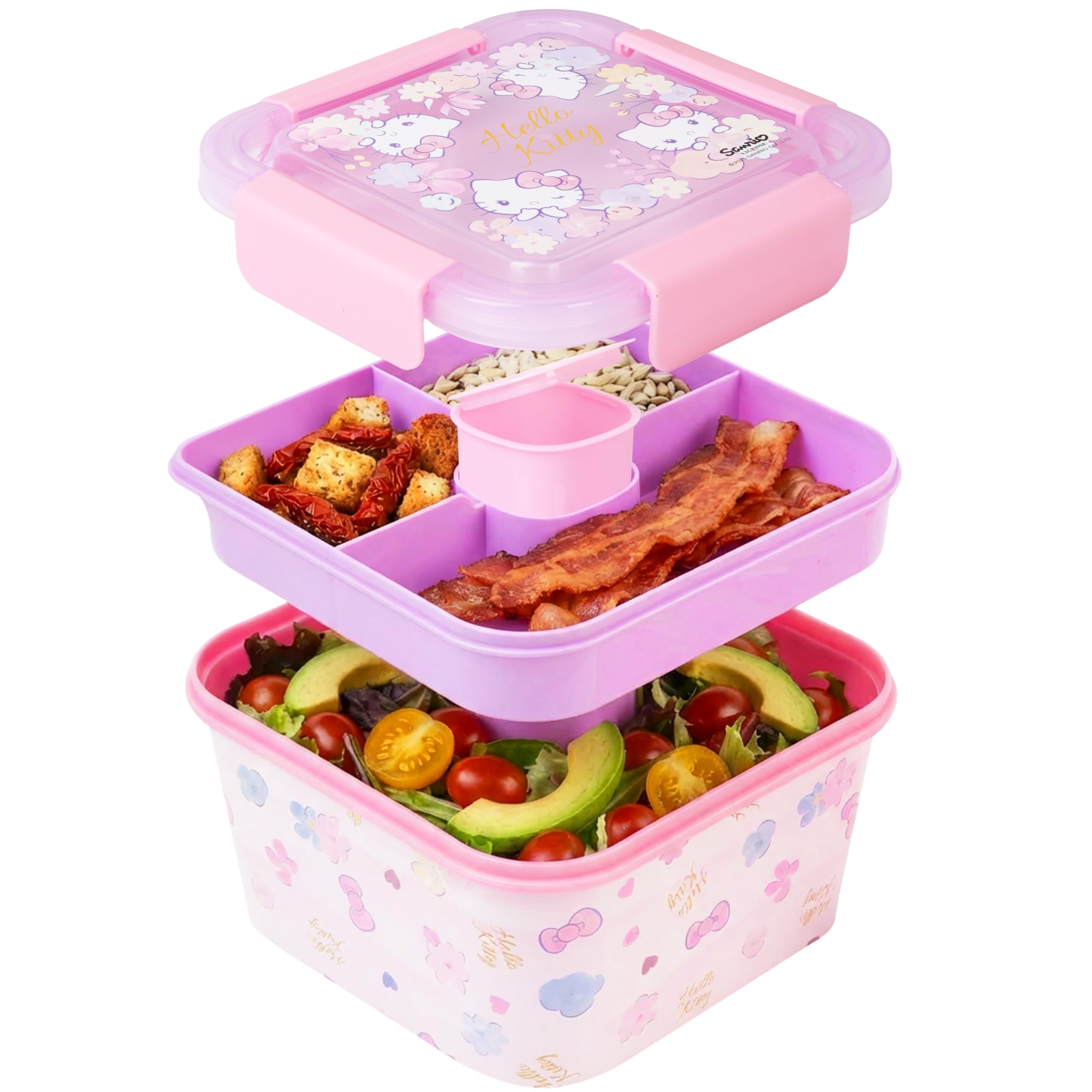 Hello Kitty Sanrio Salad Container Bento Box for Kids, 70 Oz Portable Kawaii Lunchbox, Leak Proof, BPA Free Multi Compartment Sa