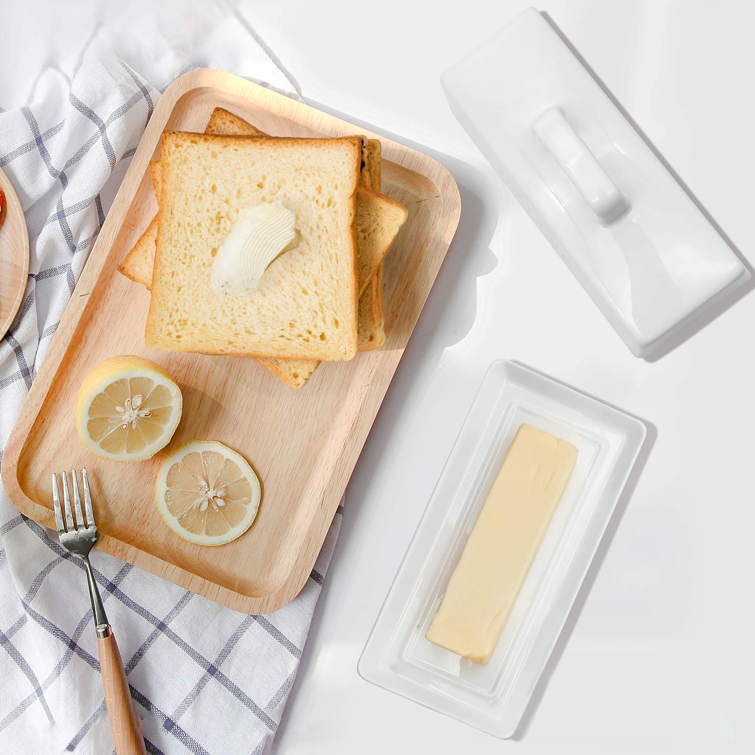 Gute Butter Dish with Lid for Countertop  Covered Ceramic Butter Dish  Butter Tray Storage for 1 Stick of Butter  Butter Keeper Container with Handle for Kitchen  White