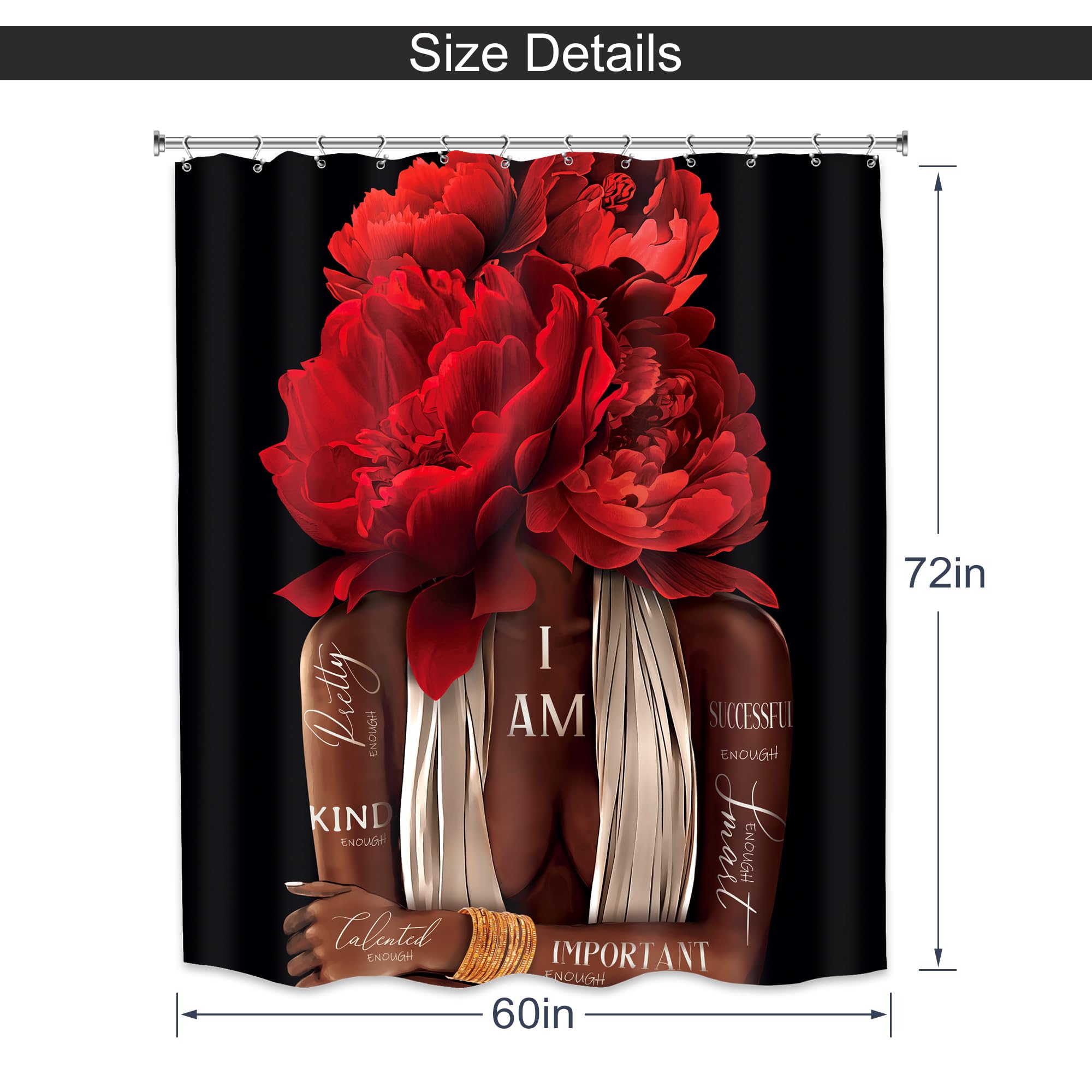 Meshelly Red Black Girl Shower Curtain 60Wx72H African American Burgundy Rose Peony Floral Bathroom Curtain Black Woman Positive
