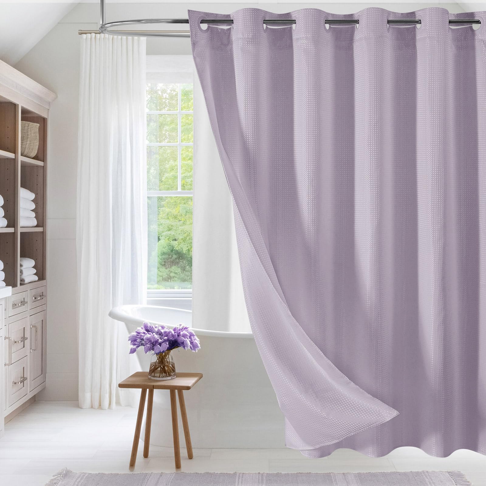 Mitovilla No Hooks Needed Extra Long Shower Curtain Set With Snap-In Liner, Purple 86 Inch Xl Heavyweight Waffle Fabric Cloth Sh
