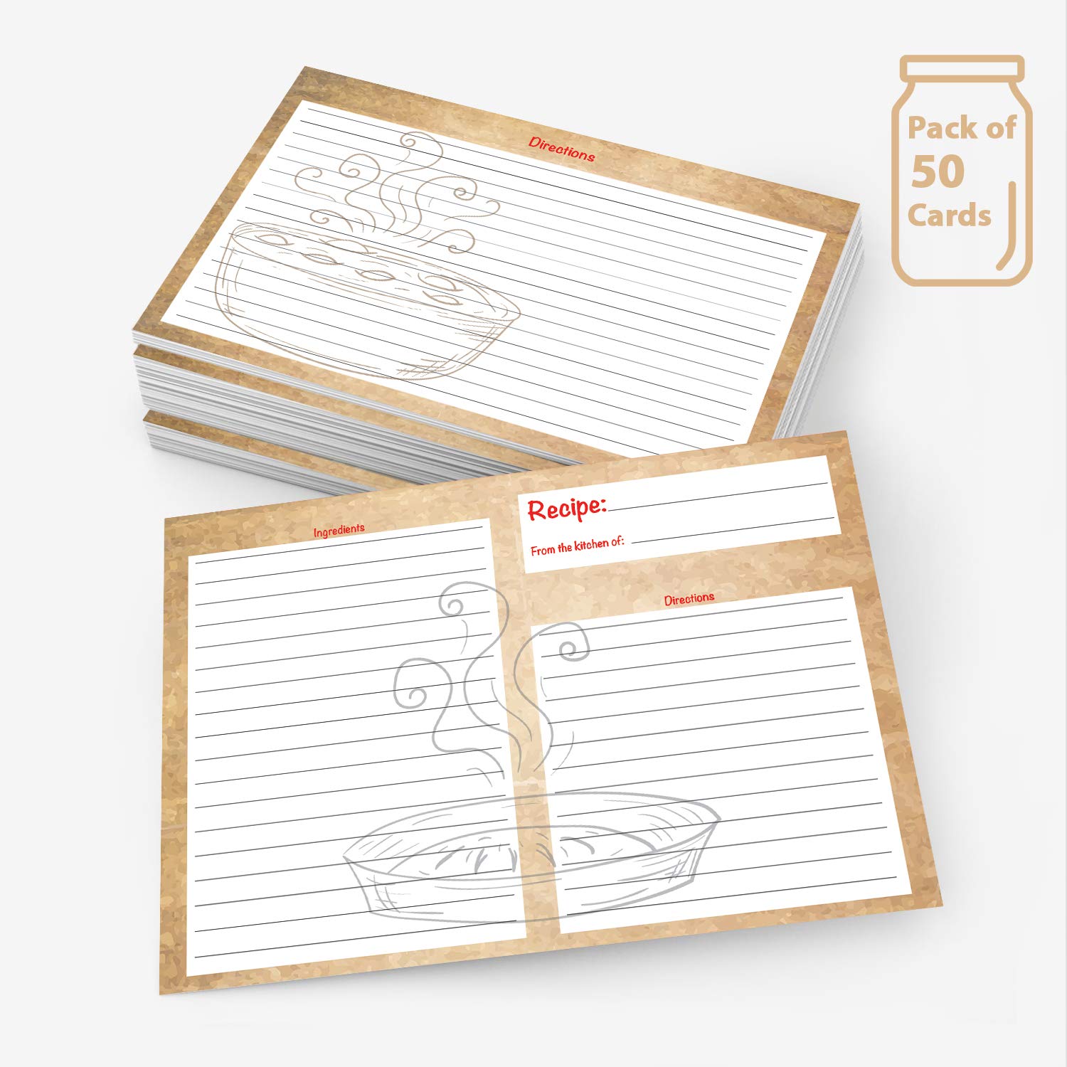Kitchen Classics Recipe Cards - 50 Double Sided Beautiful Brown Thick Cards.- 4X6 Inch