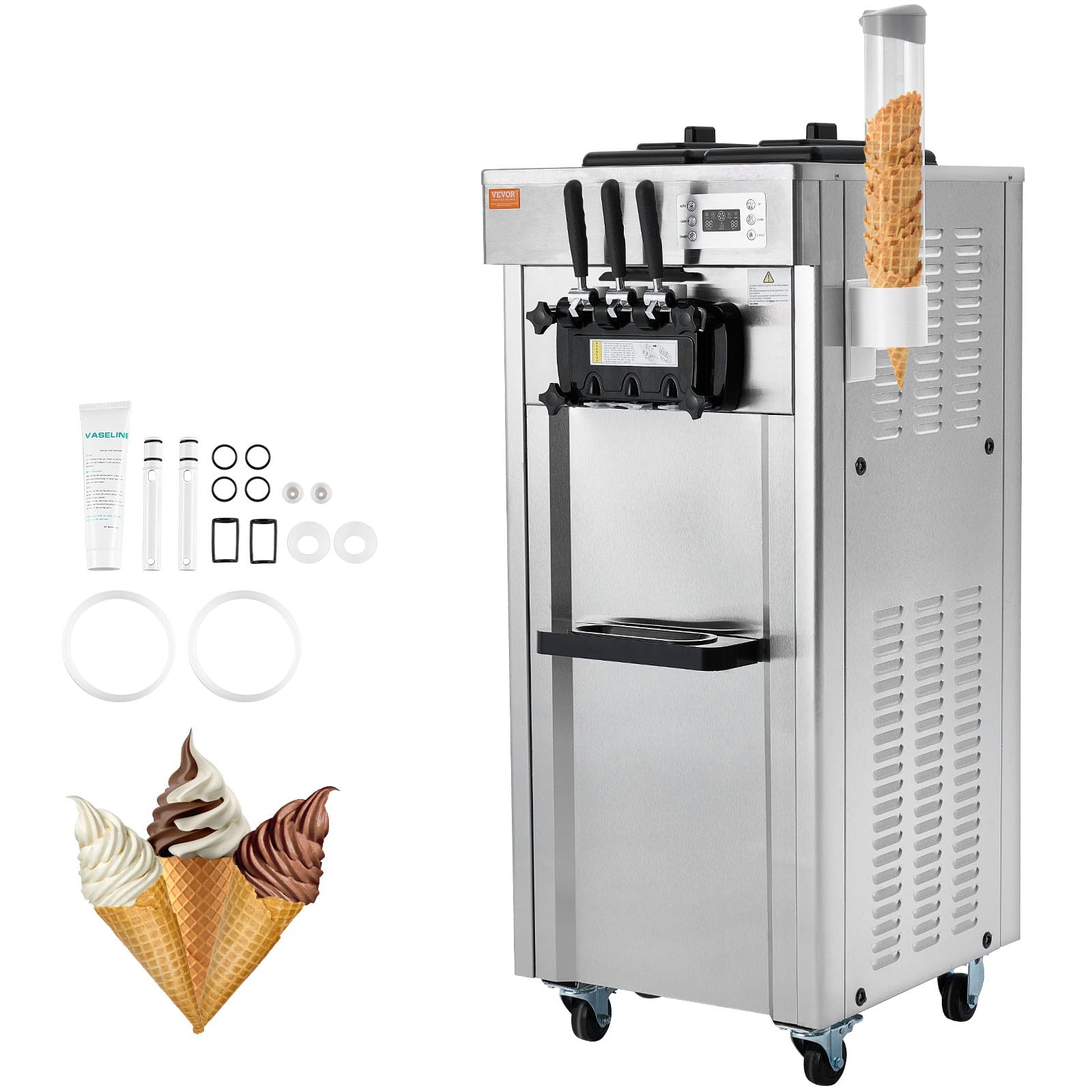 VEVOR 1850W Commercial Soft Ice Cream Machine 3 Flavors 5.5 to 8.2Gallon per Hour PreCooling at Night Auto Clean LCDPanel for Re