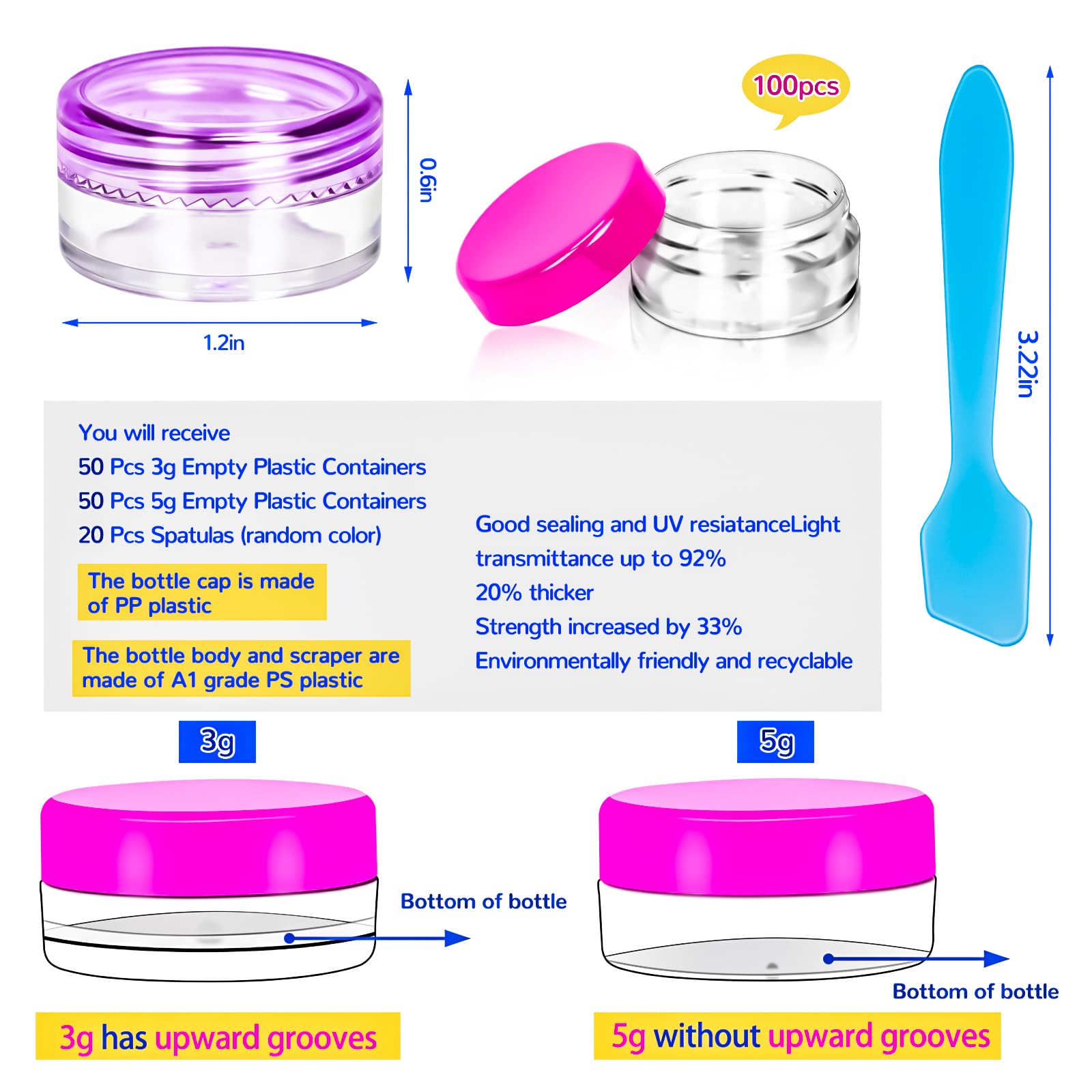 Motbach 100 Pcs Empty Plastic Containers With Colored Lids,Small Makeup Sample Containers,Mini Sample Pot Jars Round Cosmetic Ja