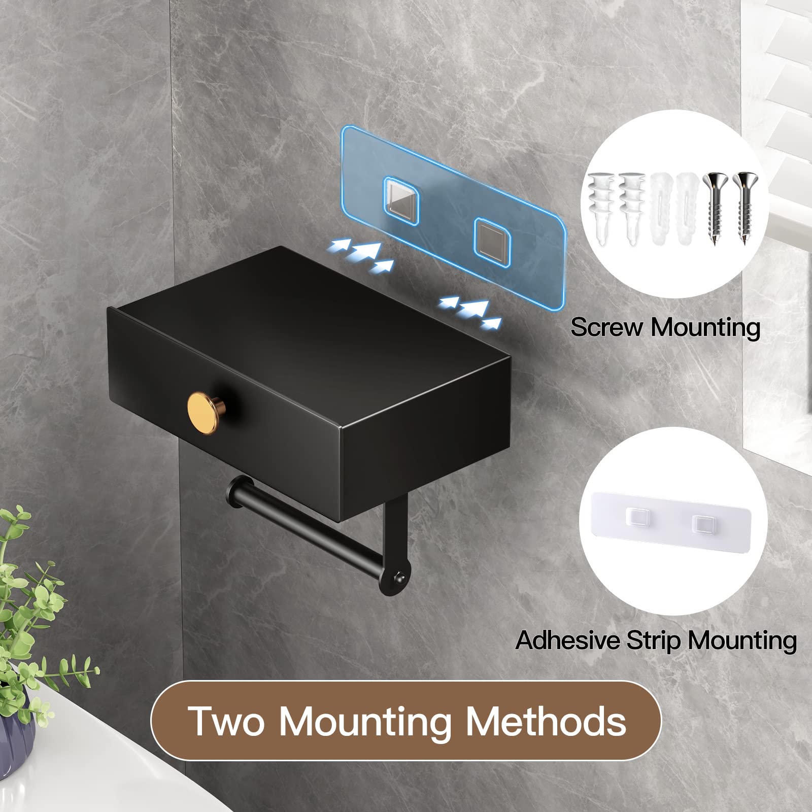 VOLDRA Toilet Paper Holder with Shelf Black Wipes Dispenser for Bathroom Stainless Steel Toilet Paper Holder with Storage Drawer Adhesive Wall Mount Small Bathroom Shelf