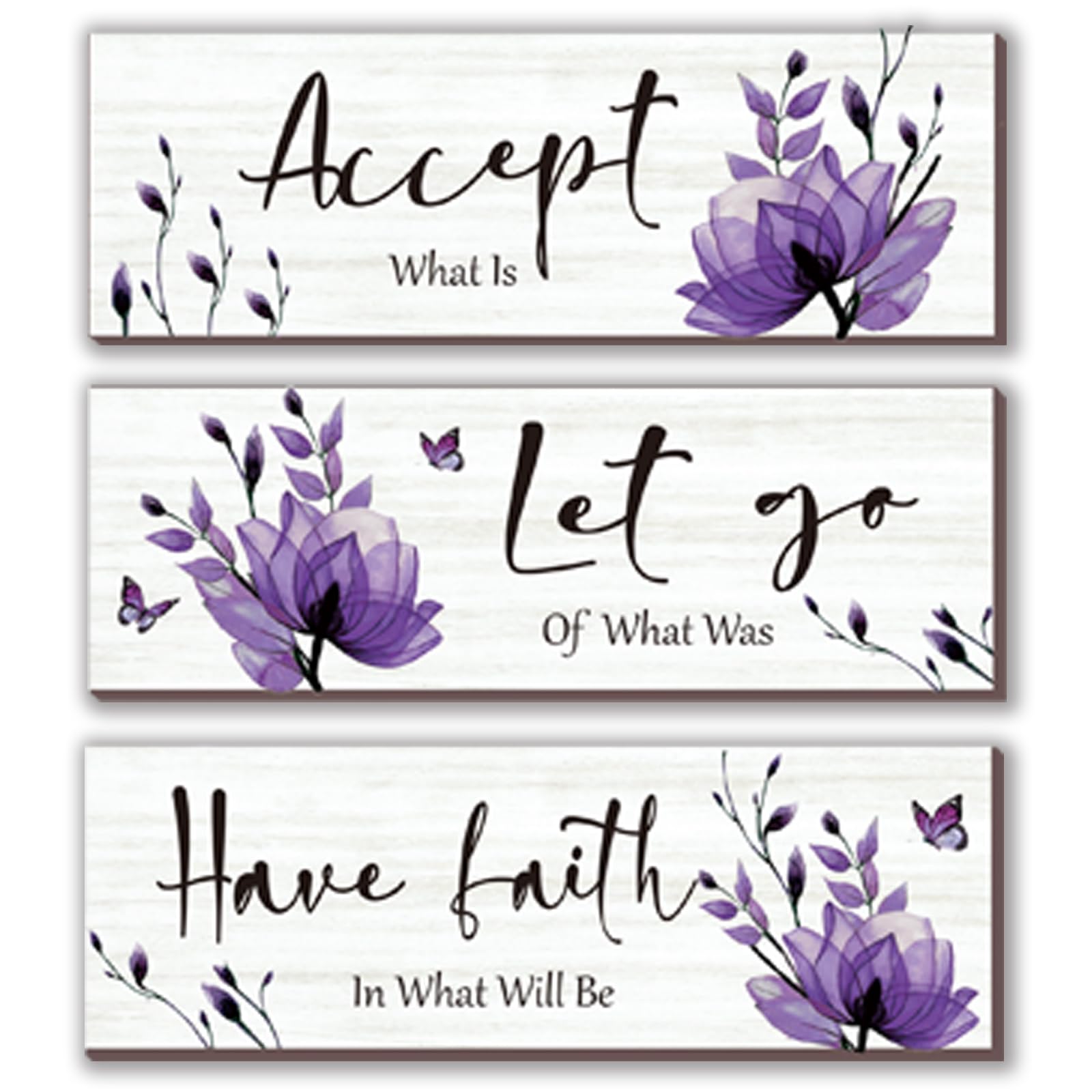 3 Pcs Purple Bathroom Decor Rustic Flower Wall Art Accept Let Go Have Faith Farmhouse Bedroom Wall Decor Wooden Inspirational Qu