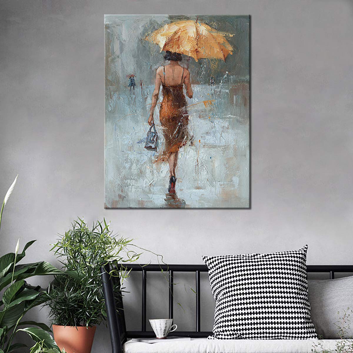 Canvas Wall Art Girl Umbrella With Khaki Dress Walking In Street Rain Modern Painting Abstract Artwork For Office Home Decor