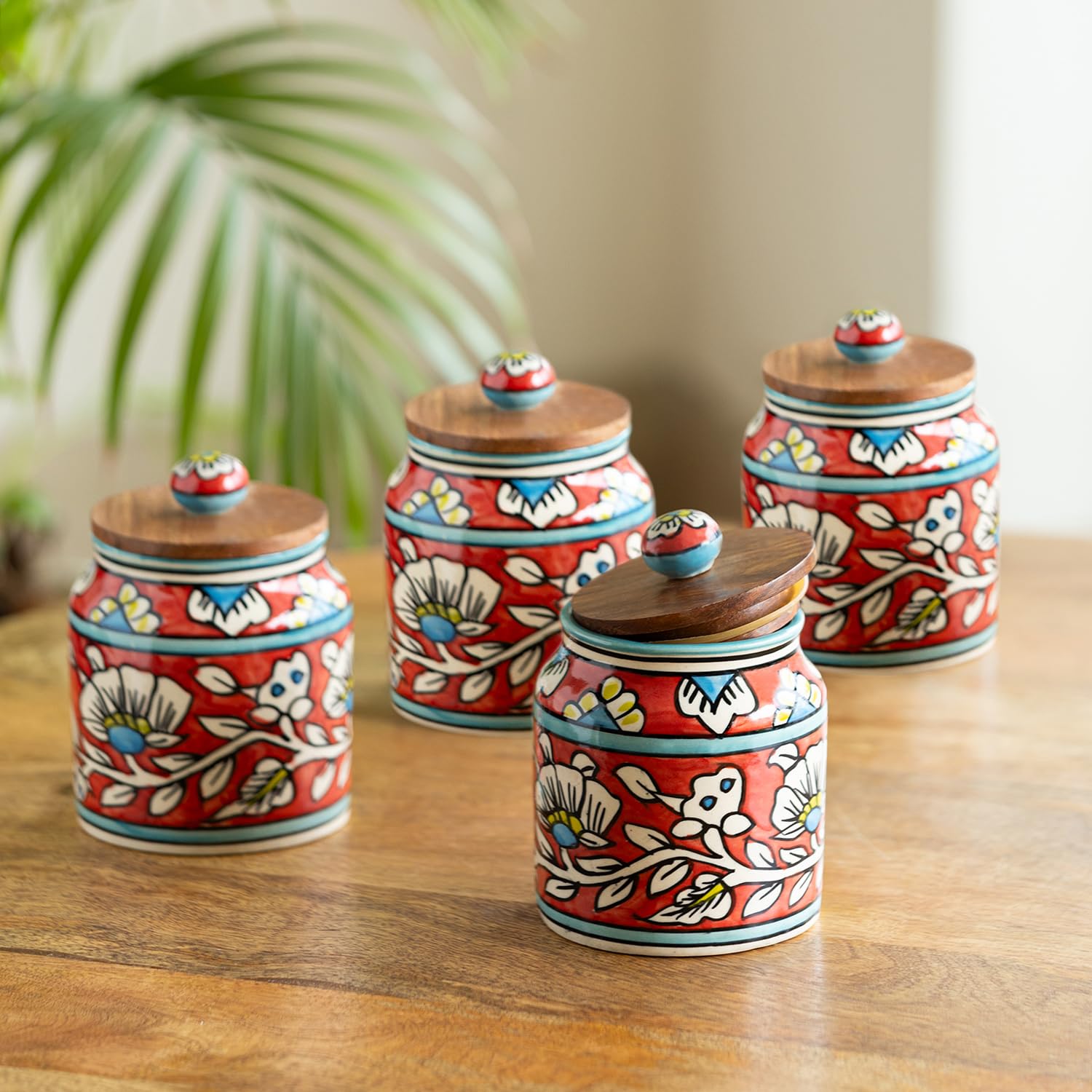 Exclusivelane Mughal Floral Airtight Ceramic Jars For Kitchen Storage (Set Of 4, 5.2 Inch, 410 Ml, Multicolor)|Ceramic Jar Wit