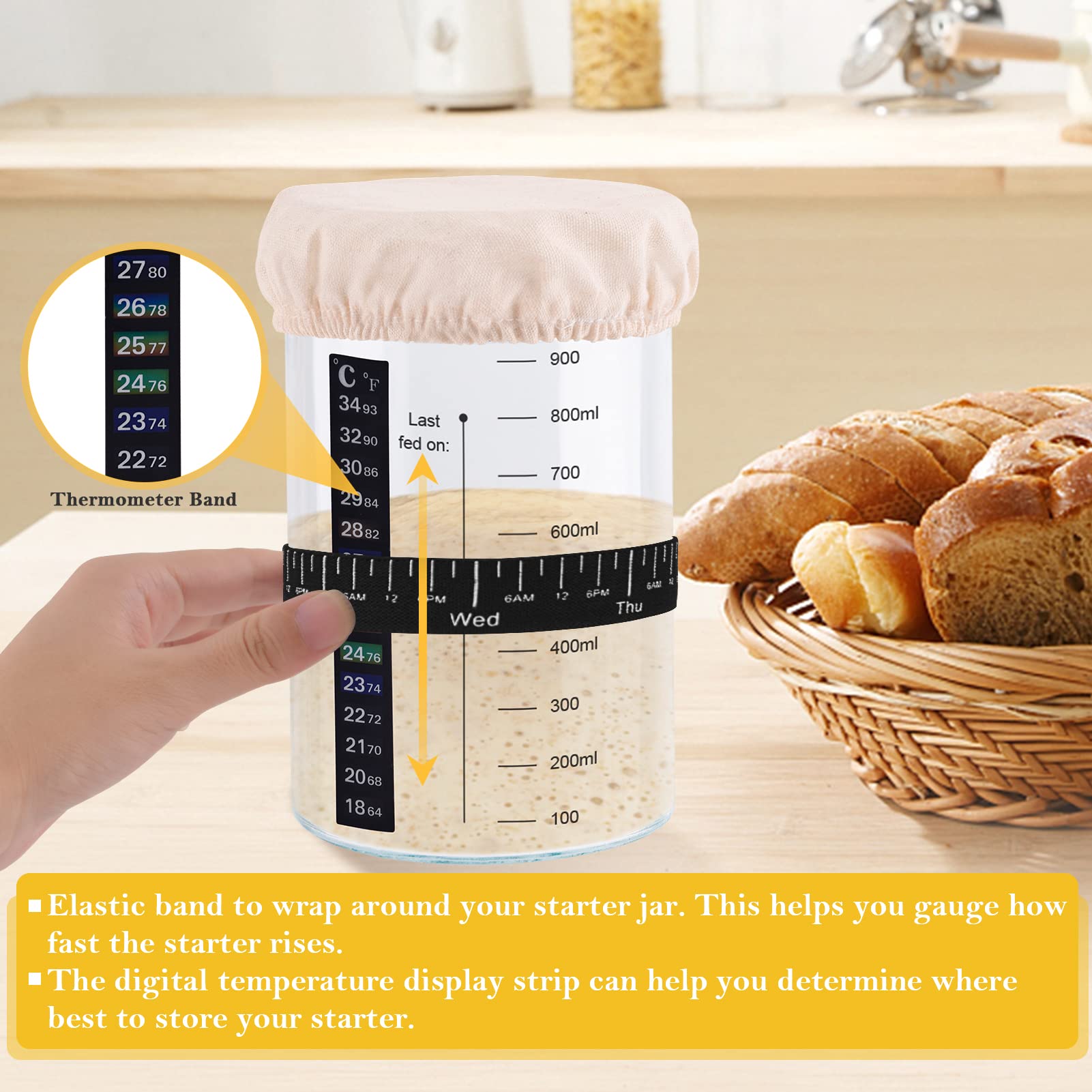 Tyniaide Sourdough Starter Jar Kit, 35 Oz Sourdough Starter Jar With Thermometer, Silicone Scraper, Cloth Cover And Lid. Reusabl