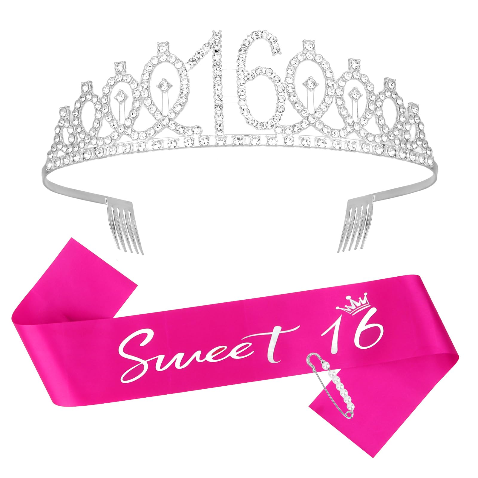 Casoty Sweet 16 Birthday Sash and Tiara, 16th Birthday Decorations for Girls, 16th Birthday Crown and Sash Set, Sweet 16 Party S